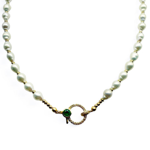 WHITE AKOYA PEARL NECKLACE WITH 14K DIAMOND AND EMERALD FRONT FACING CLASP