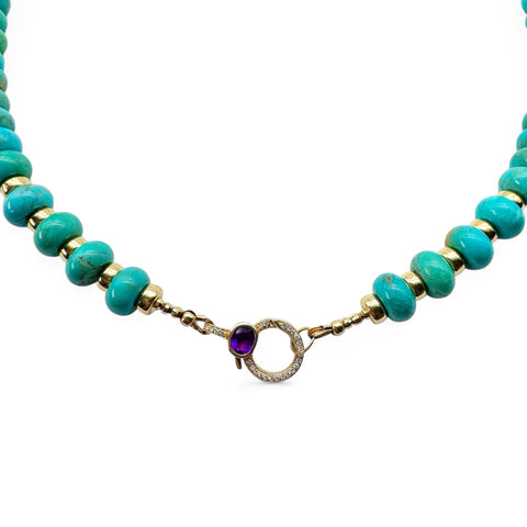 TURQUOISE NECKLACE WITH DIAMOND AND AMETHYST FRONT CLASP