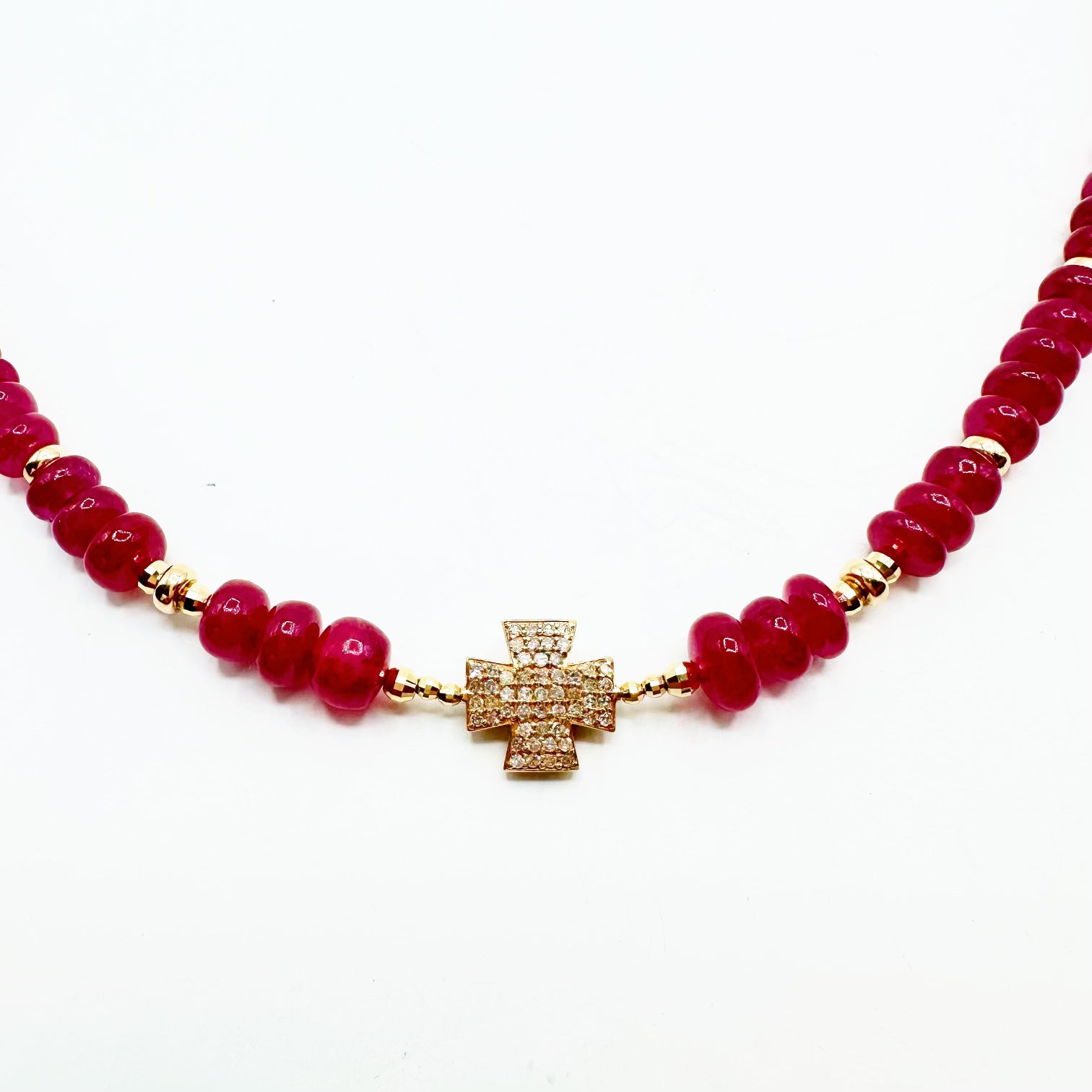 14K GOLD & RUBY NECKLACES. PLAIN STRAND WITH GOLD BEADS OR DIAMON CROSS STYLE