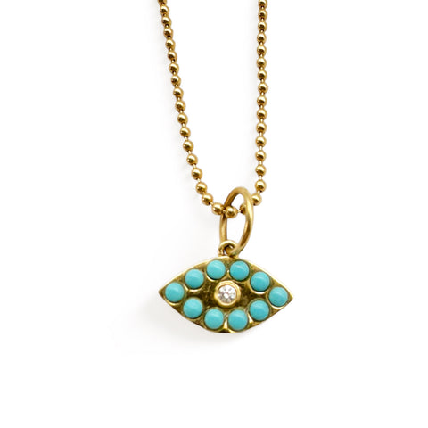 14K GOLD TURQUOISE AND DIAMOND EVIL EYE CHARM