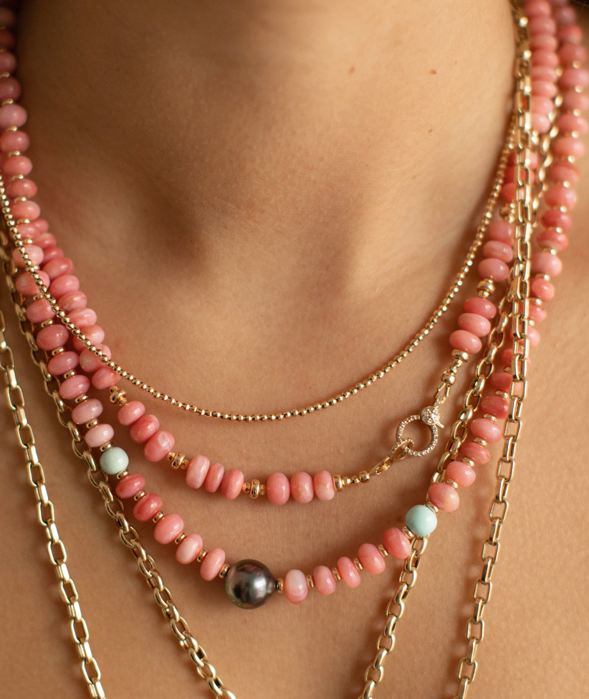 PINK OPAL AND 14K GOLD NECKLACES