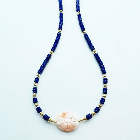 LAPIS NECKLACE WITH CRAVED FLOWER CORAL