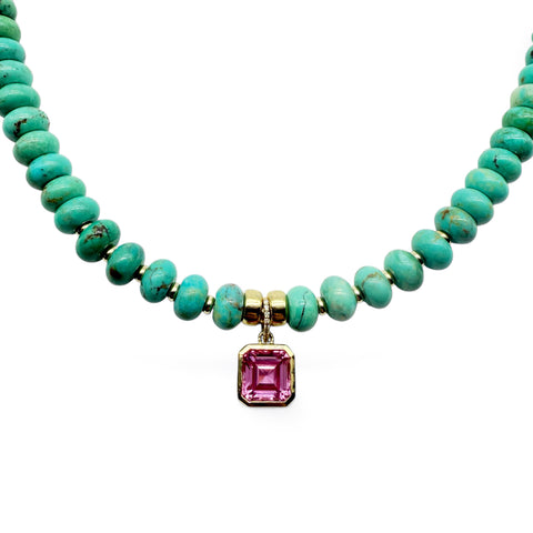 TURQUOISE GEMSTONE NECKLACE WITH PINK TOPAZ CHARM
