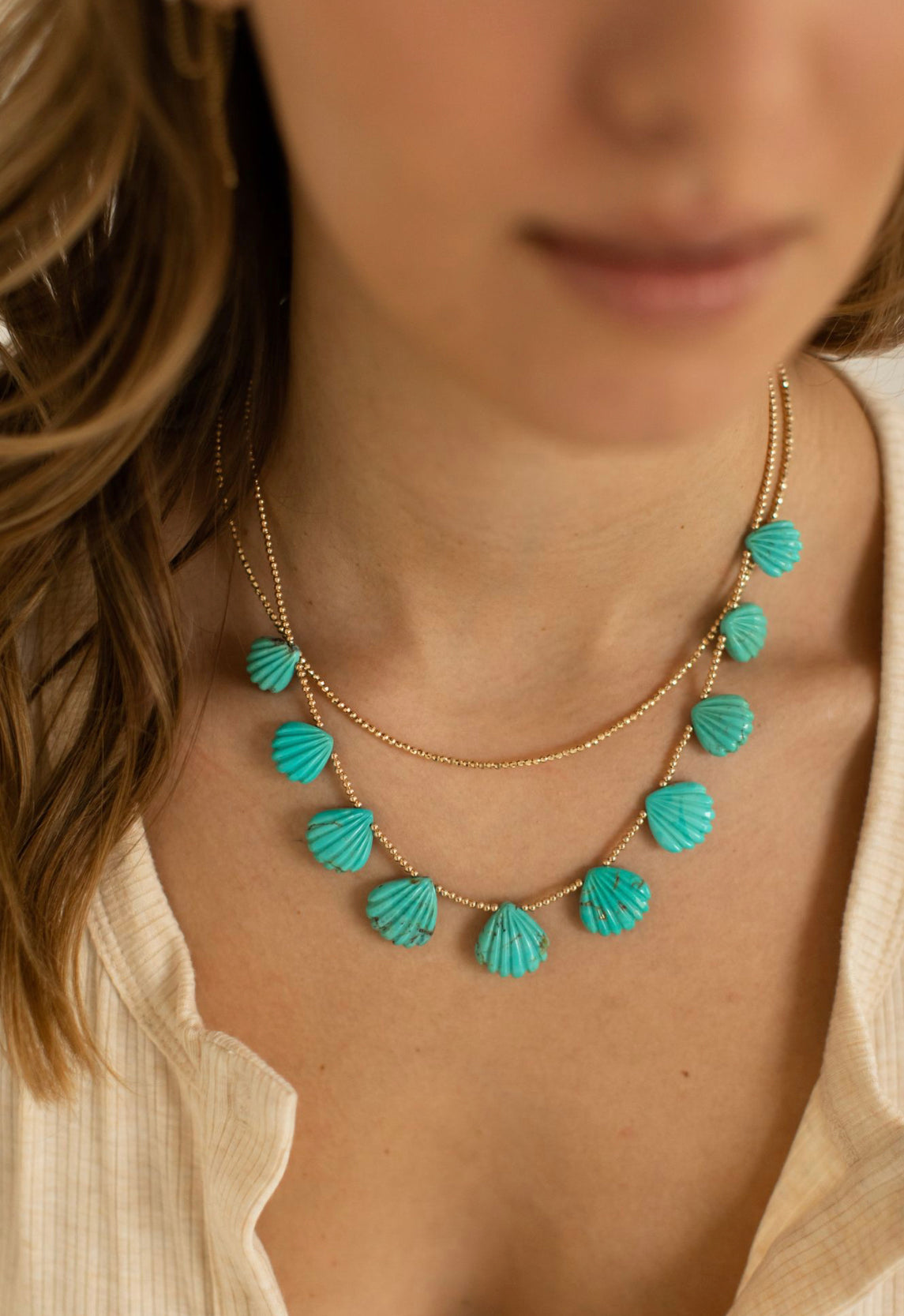 TURQUOISE SHELL NECKLACE WITH 14k GOLD BEADS