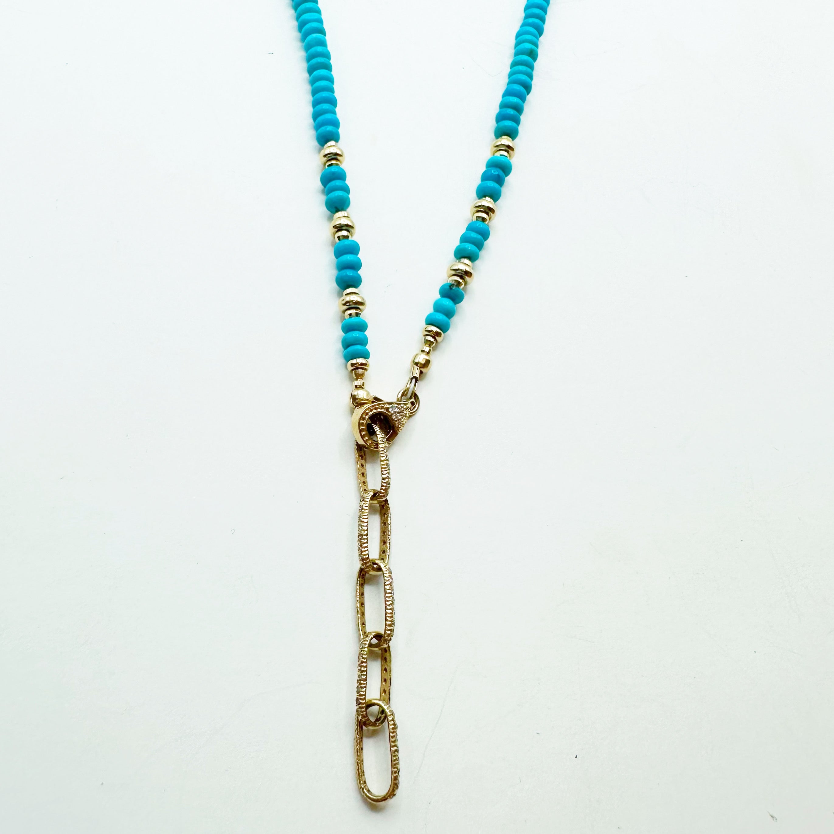 TURQUOISE NECKLACE WITH 14K GOLD AND DIAMOND LINK CHAIN