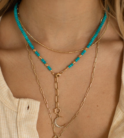 TURQUOISE NECKLACE WITH 14K GOLD AND DIAMOND LINK CHAIN