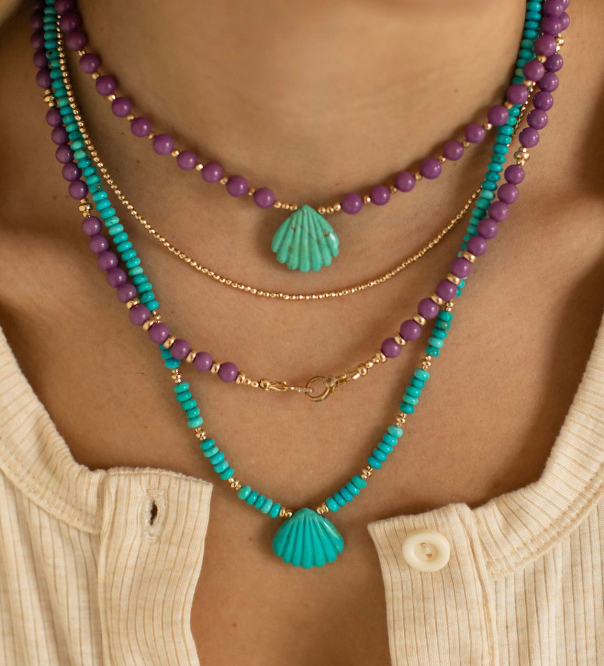 TURQUOISE & 14K GOLD SHELL NECKLACE