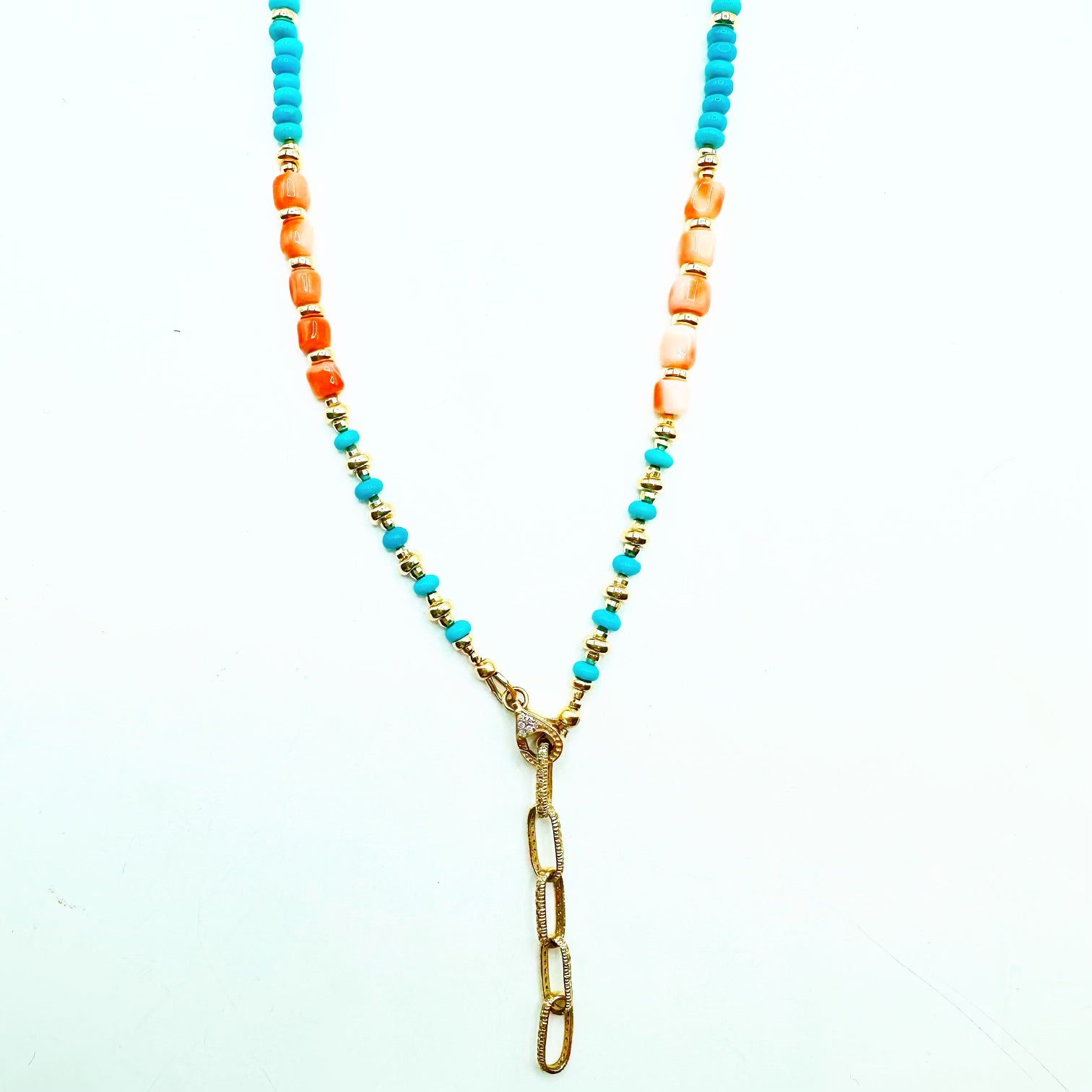 14K GOLD TURQUOISE & CORAL NECKLACE WITH DIAMOND LINK CHAIN