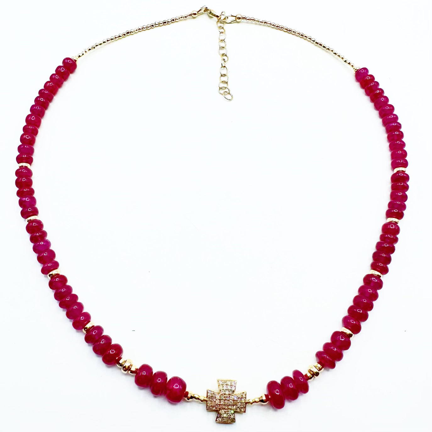 14K GOLD & RUBY NECKLACES. PLAIN STRAND WITH GOLD BEADS OR DIAMON CROSS STYLE