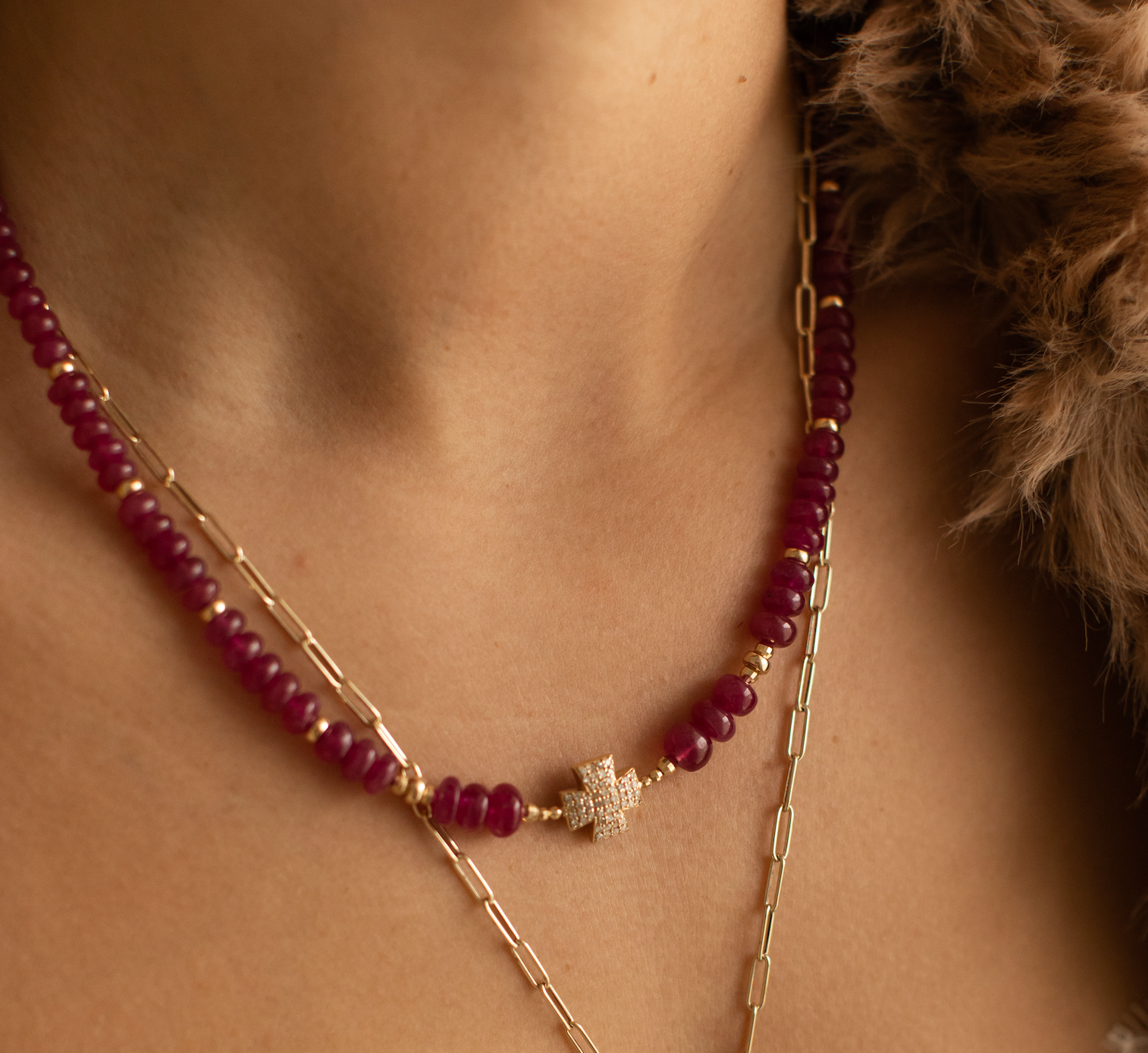 14K GOLD & RUBY NECKLACE WITH DIAMOND CROSS