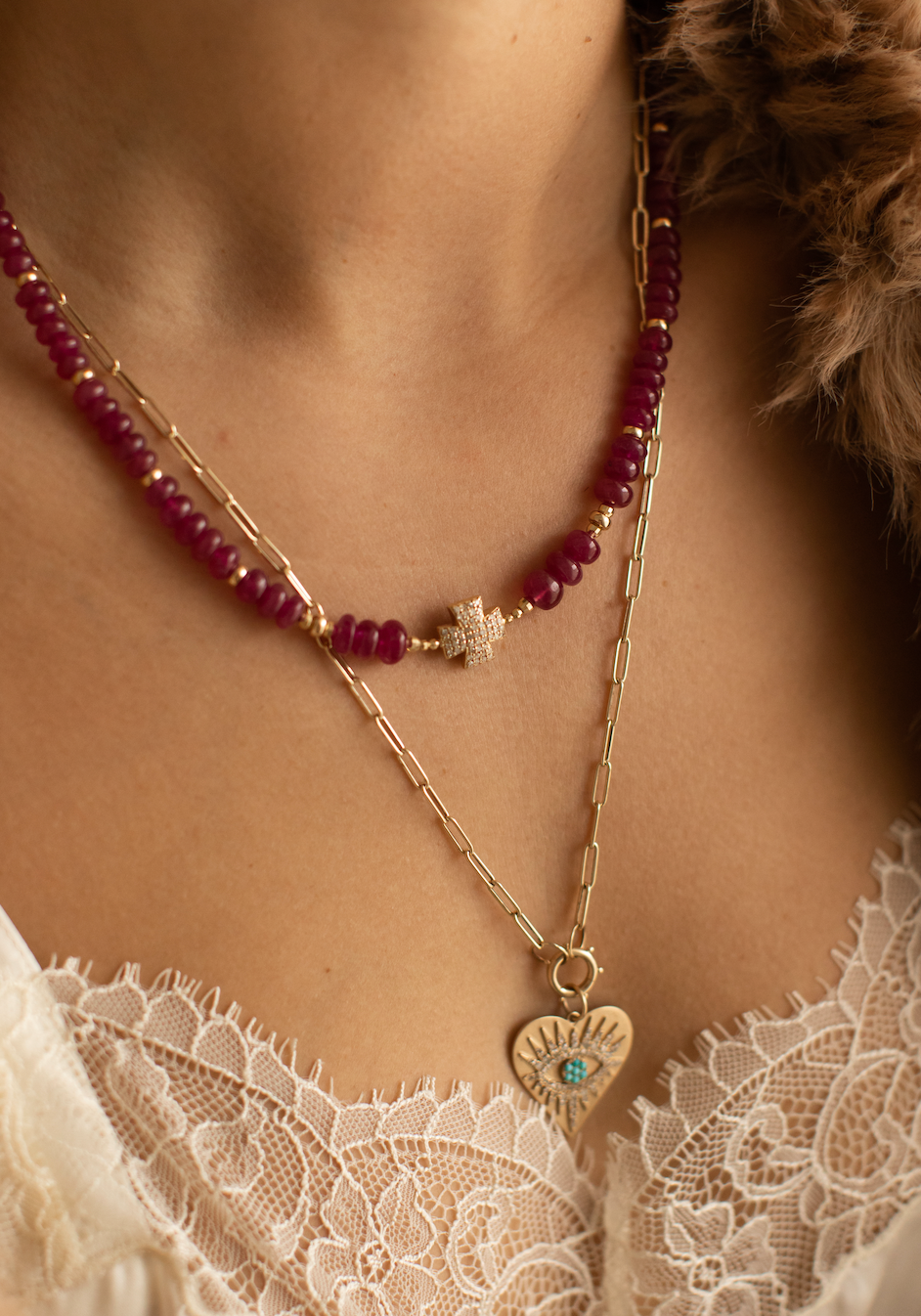 14K GOLD & RUBY NECKLACE WITH DIAMOND CROSS