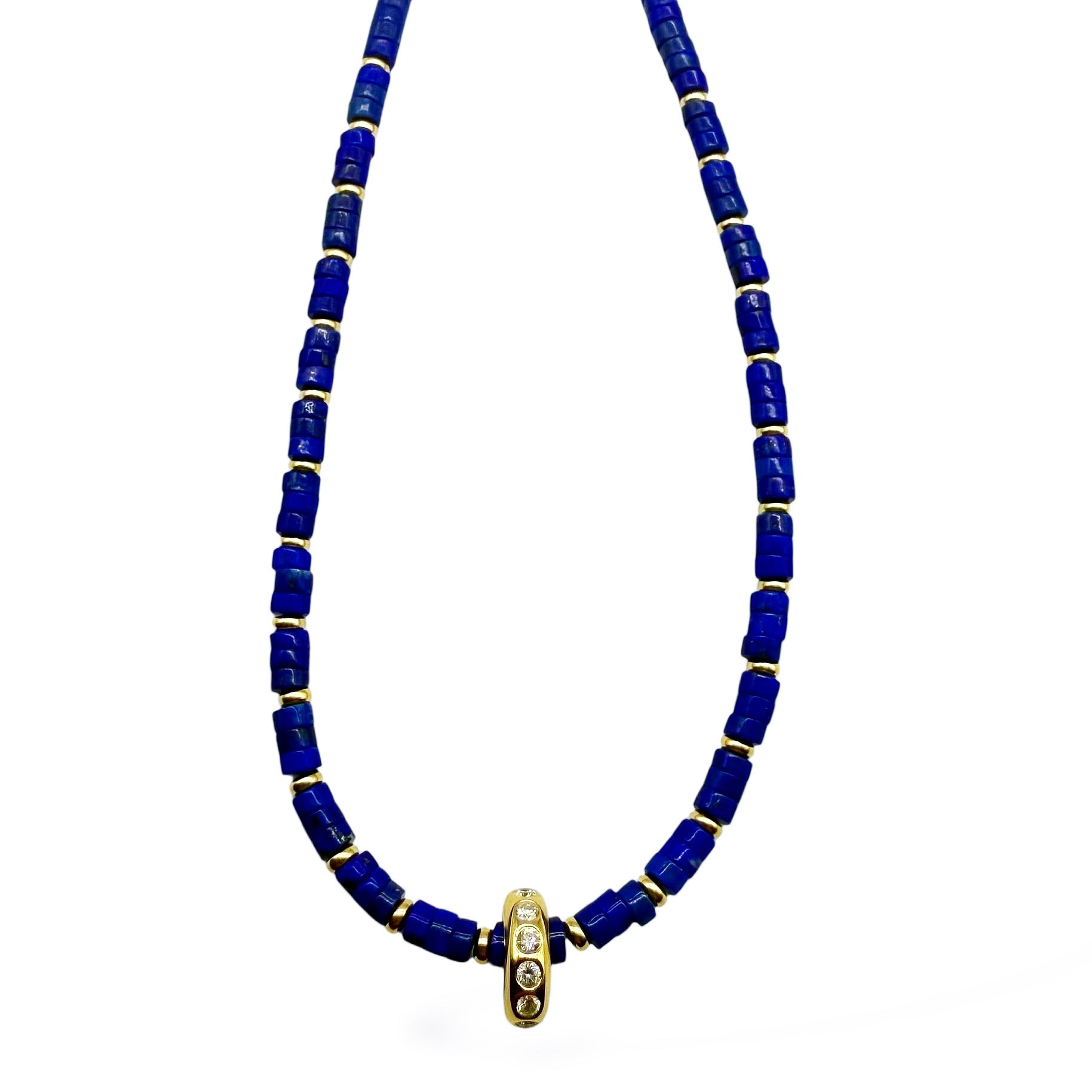 LAPIS AND DIAMOND RONDELLE BEADED NECKLACE