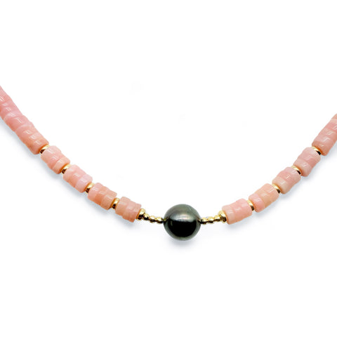 TAHITIAN PEARL AND PINK OPAL BEADED NECKLACE