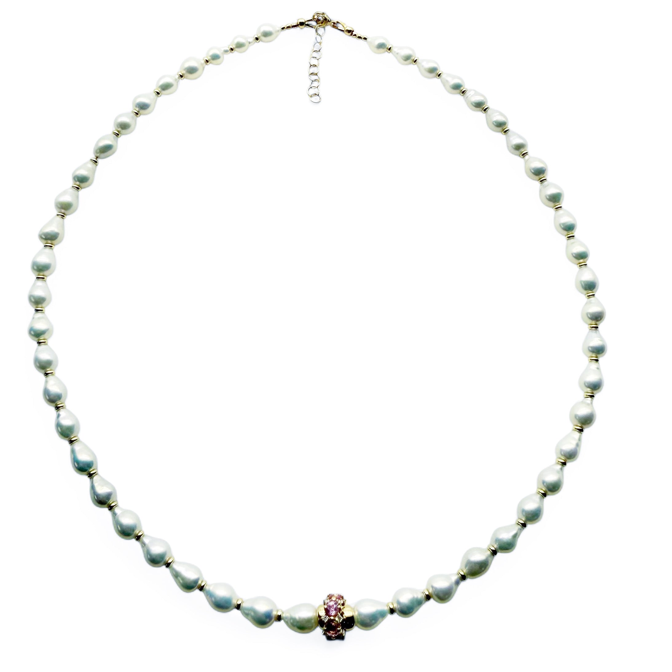 WHITE AKOYA PEARL NECKLACE WITH PINK SAPPHIRE & DIAMOND BEAD