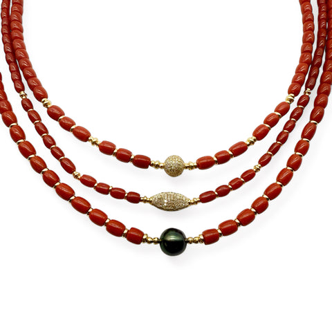 RED CORAL NECKLACES WITH DIAMOND BEAD or TAHITIAN PEARL