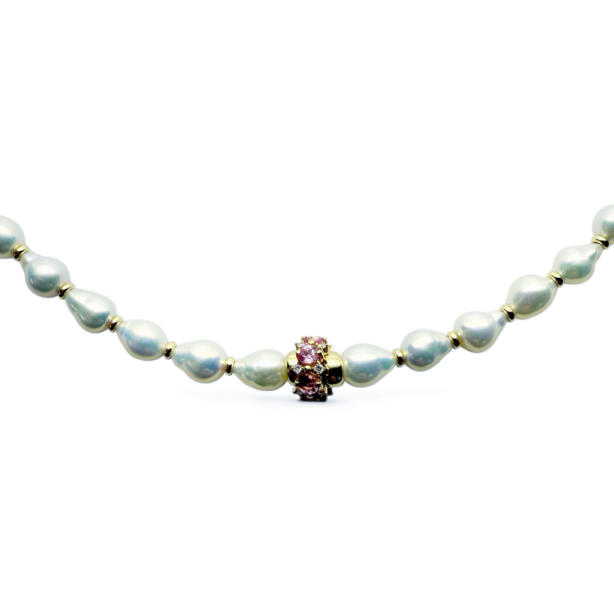 WHITE AKOYA PEARL NECKLACE WITH PINK SAPPHIRE & DIAMOND BEAD