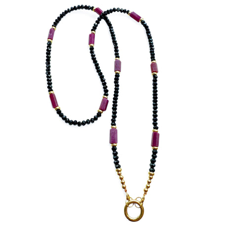 BLACK GEMS WITH RUBY AND 14K GOLD NECKLACE