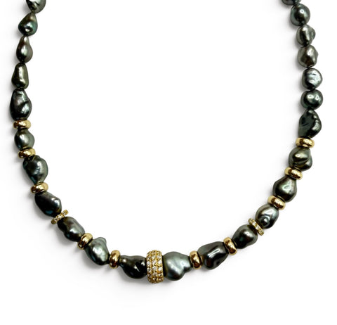 TAHITIAN NECKLACE WITH 14k GOLD AND DIAMOND BEAD