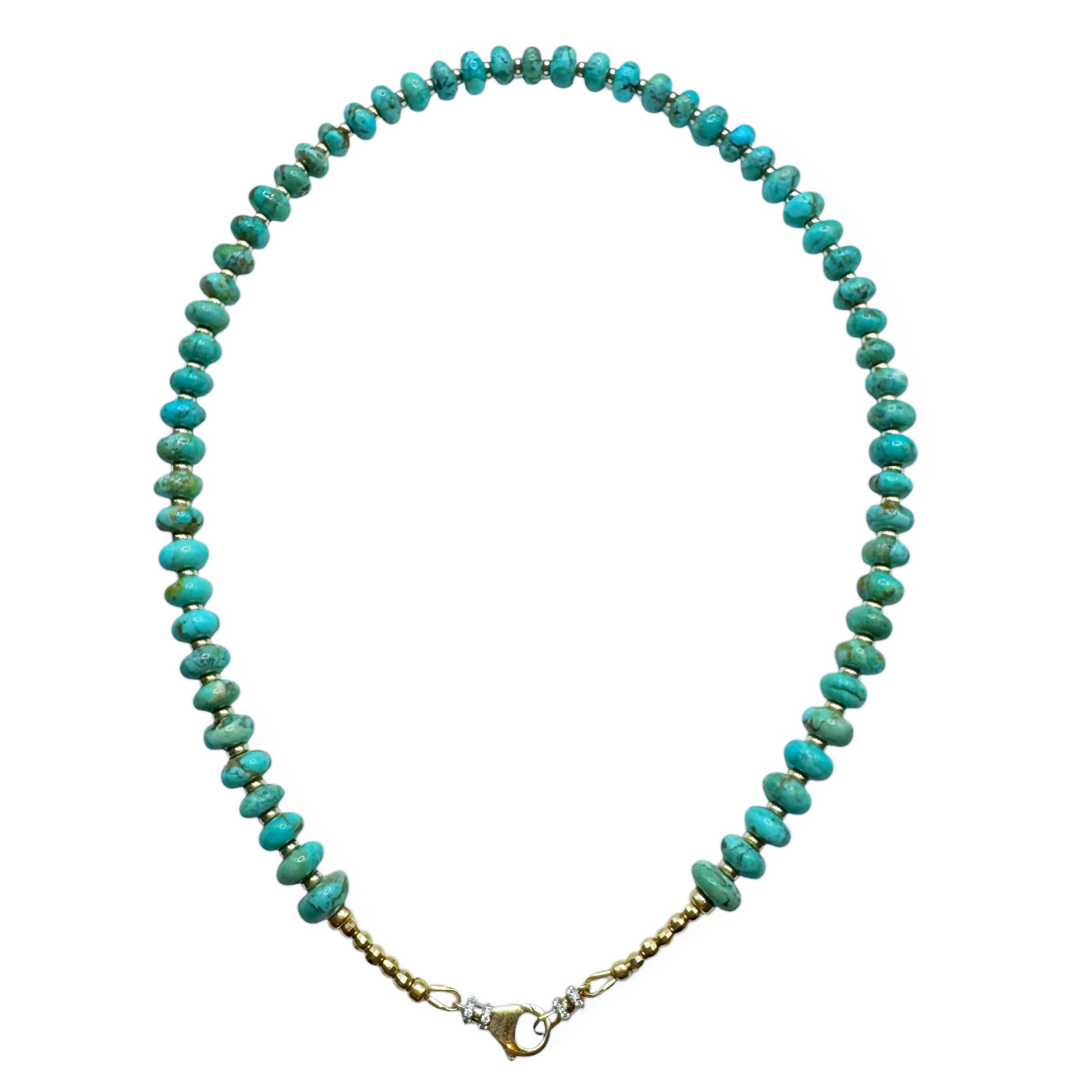 TURQUOISE NECKLACE WITH SOLID GOLD AND DIAMOND  FRONT CLASP