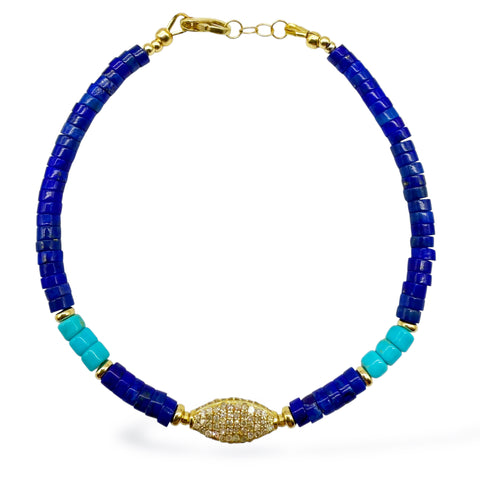 LAPIS AND TURQUOISE BRACELET WITH DIAMOND FOCAL BEAD