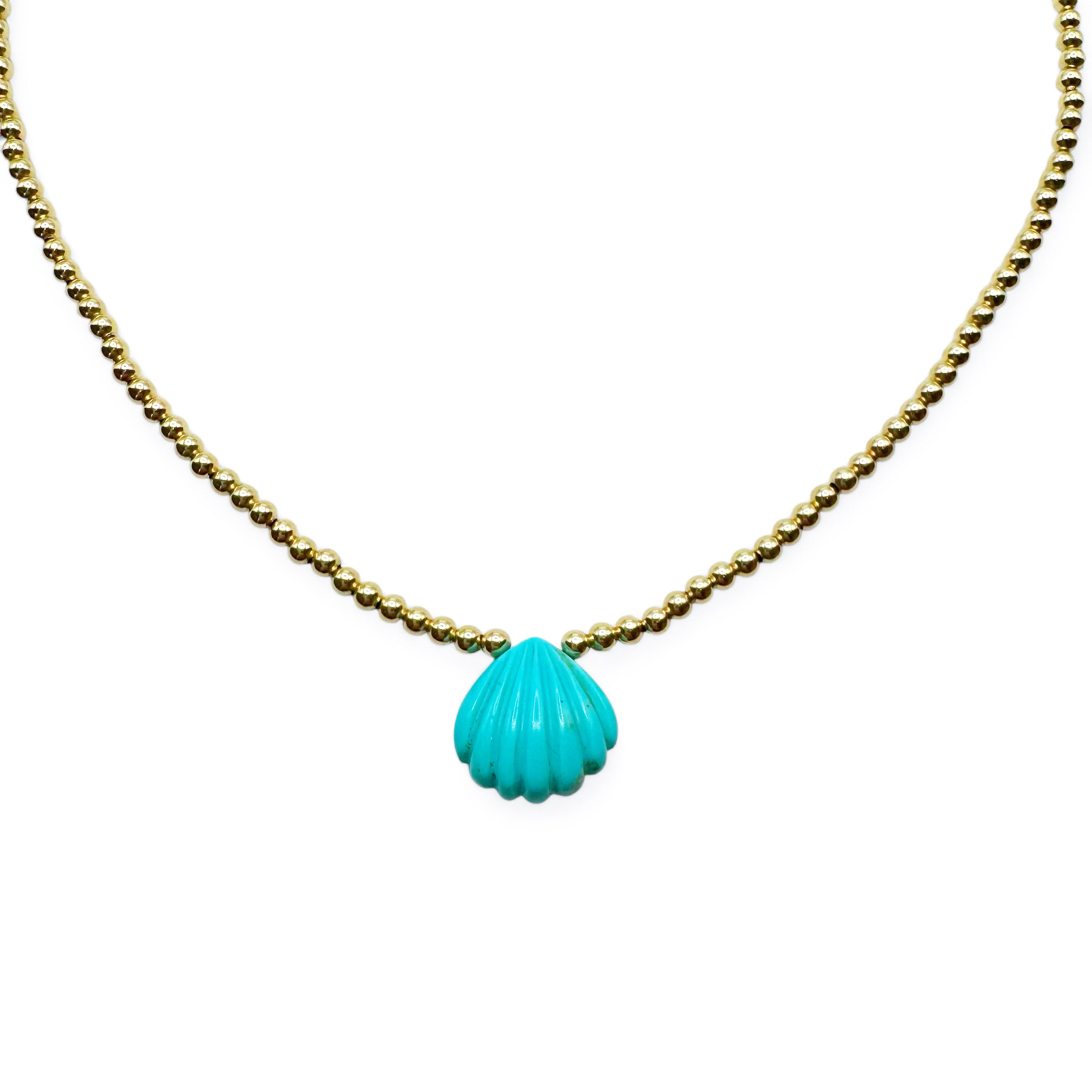 GOLD BEADED NECKLACE WITH TURQUOISE SHELL