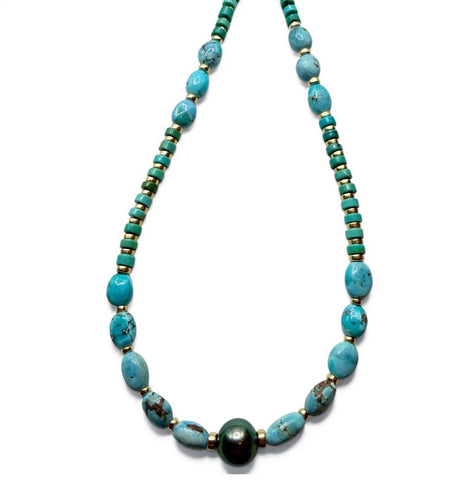 MIXED TURQUOISE GOLD HILL AND TAHITIAN PEARL NECKLACE