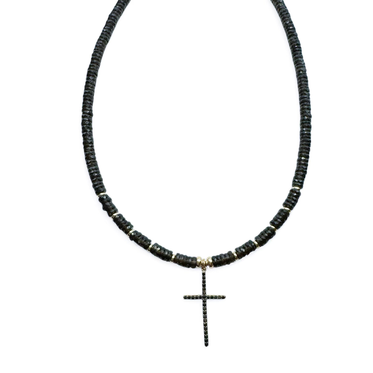 SMOKY QUARTZ NECKLACE WITH 14K GOLD AND BLACK DIAMOND CROSS