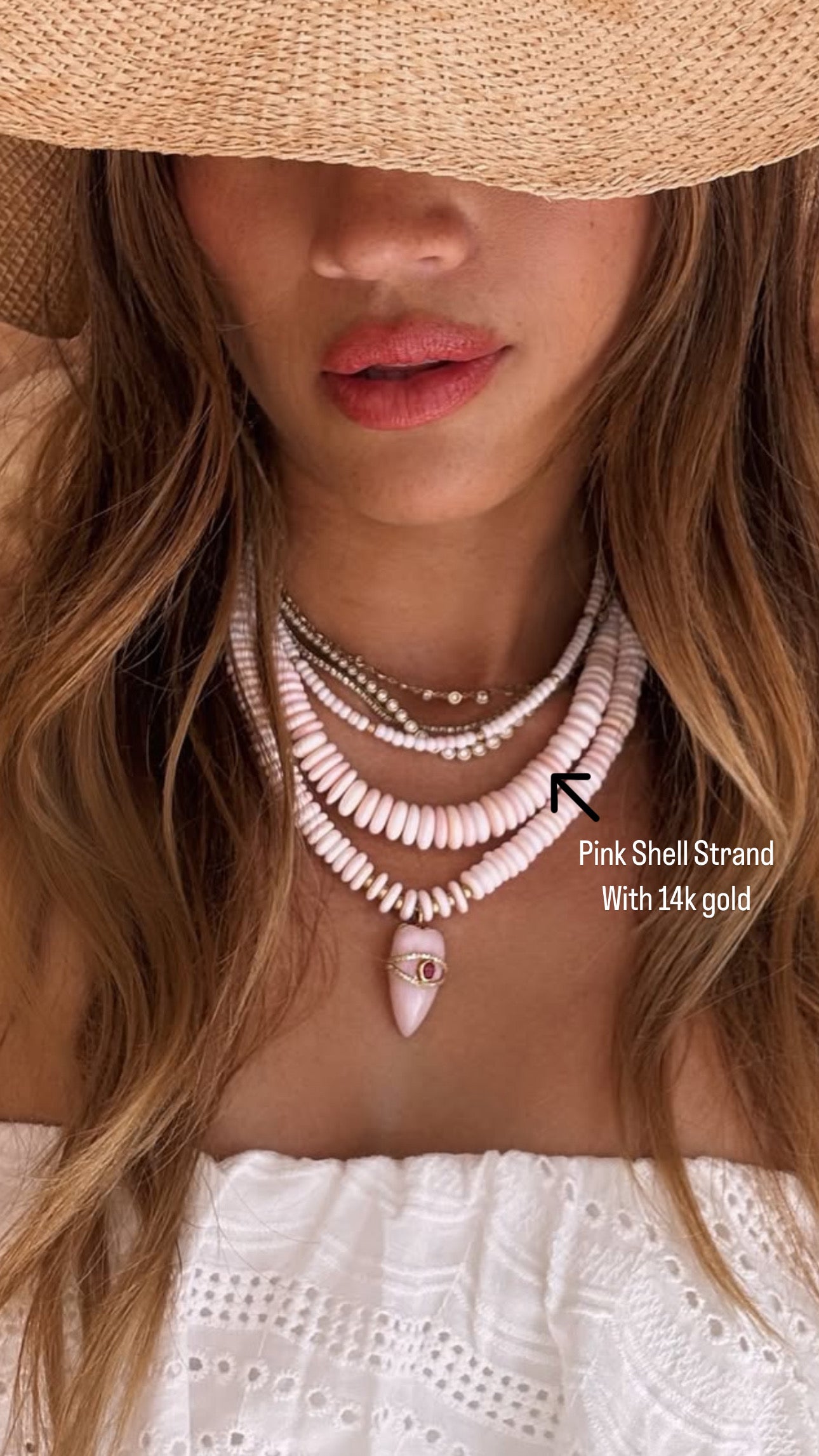 8MM PINK SHELL & 14K GOLD & DIAMOND BEAD NECKLACE
