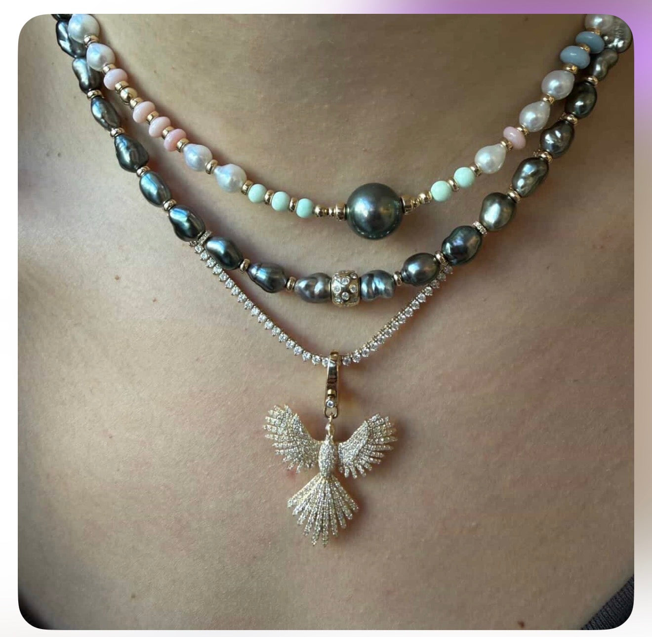 TAHITIAN NECKLACE WITH 14k GOLD AND DIAMOND BEAD