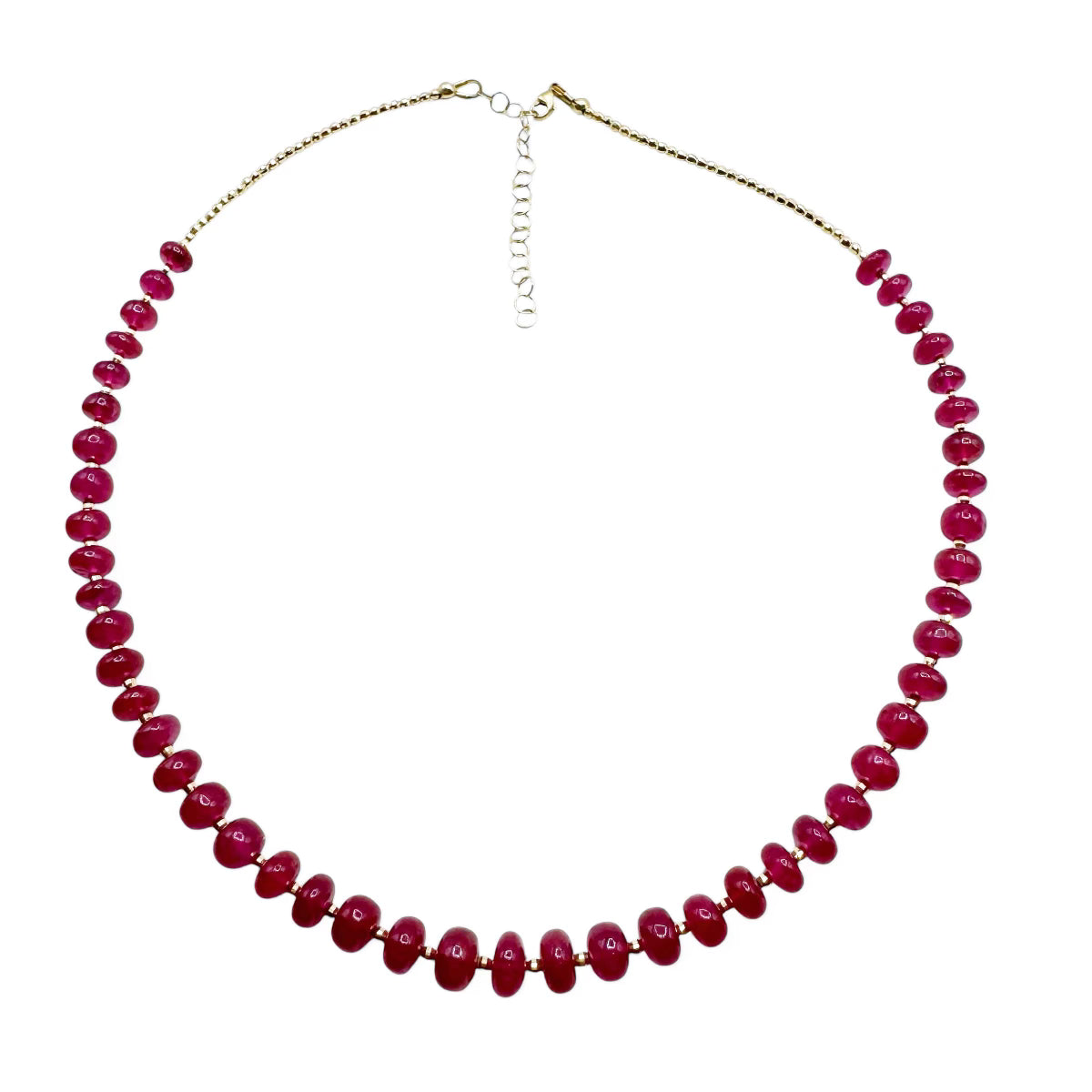 14K GOLD & RUBY NECKLACES. PLAIN STRAND WITH GOLD BEADS OR DIAMON CROSS STYLE