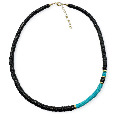 BLACK SPINEL, TURQUOISE & 14K GOLD BEADED NECKLACE