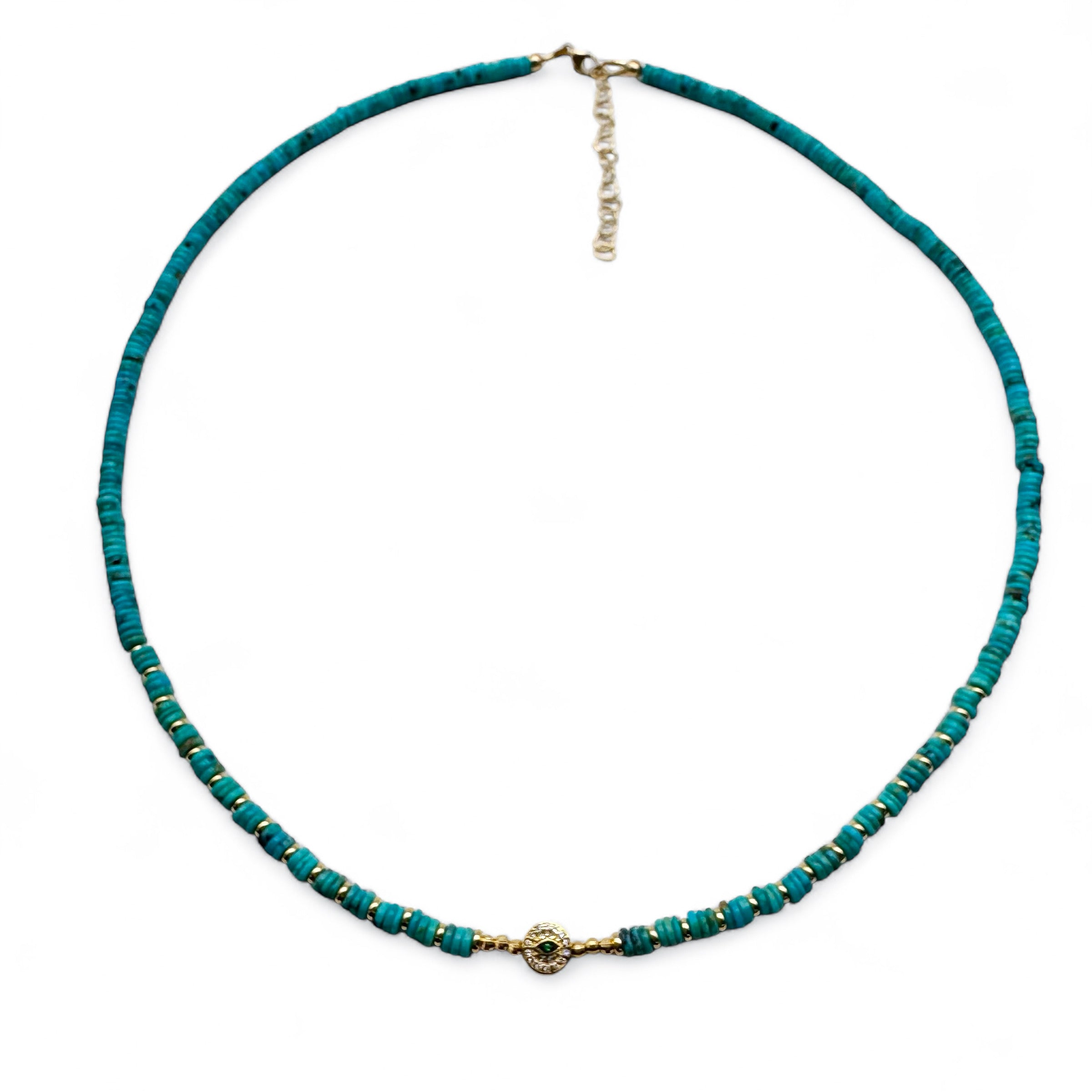 TURQUIOSE & 14K GOLD & DIAMOND EVIL EYE BEAD PROTECTION NECKLACE