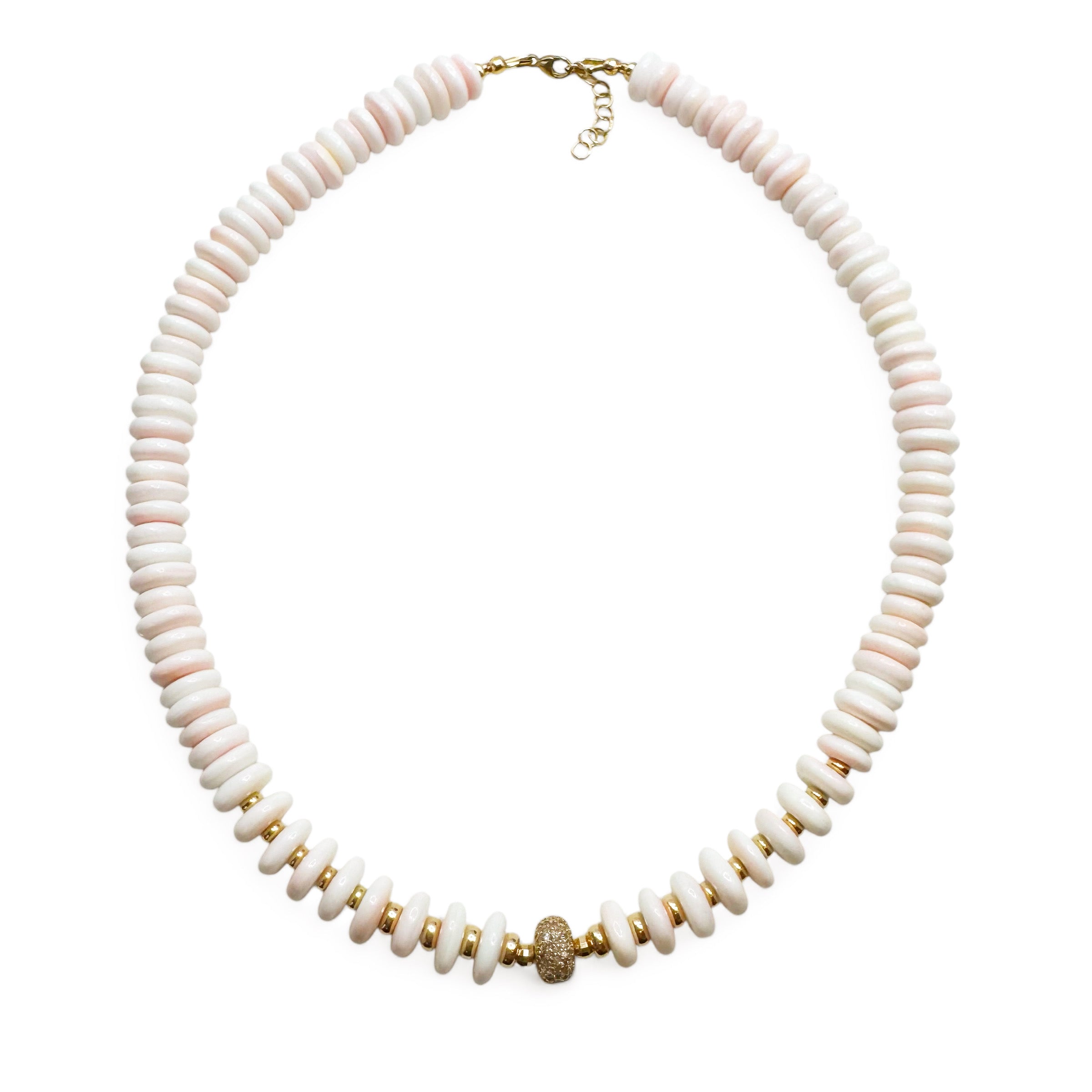 8MM PINK SHELL & 14K GOLD & DIAMOND BEAD NECKLACE