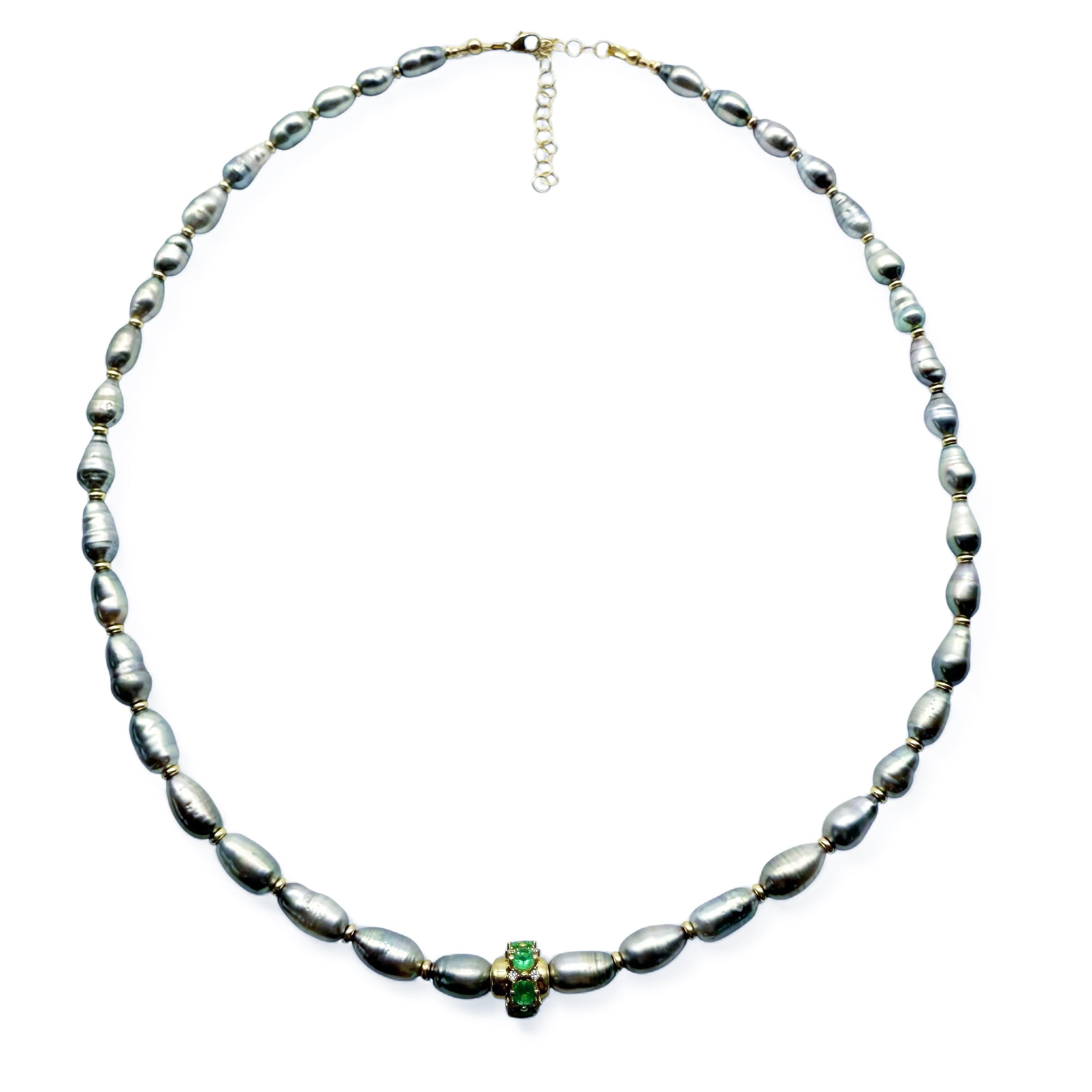 TAHITIAN PEARL AND 14K GOLD AND EMERALD ANTIQUITY NECKLACE