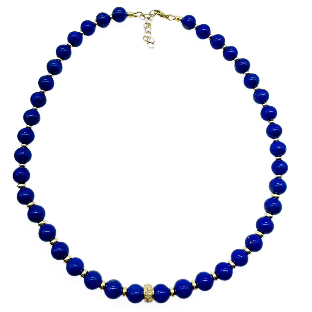 LAPIS ROUNDS WITH 14K GOLD AND DIAMOND RONDEL BEAD