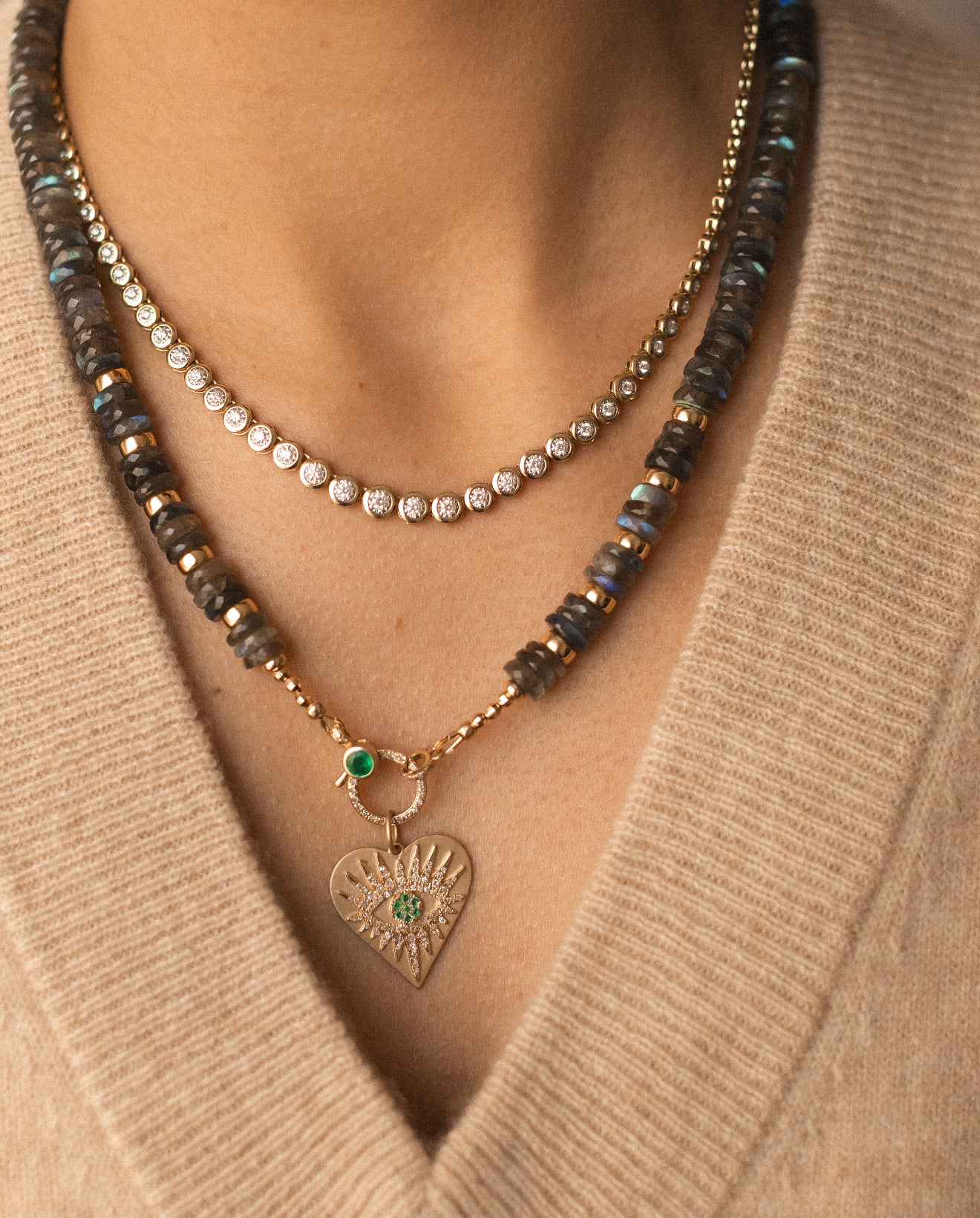 14K GOLD EMERALD DIAMOND EVIL EYE AMULET