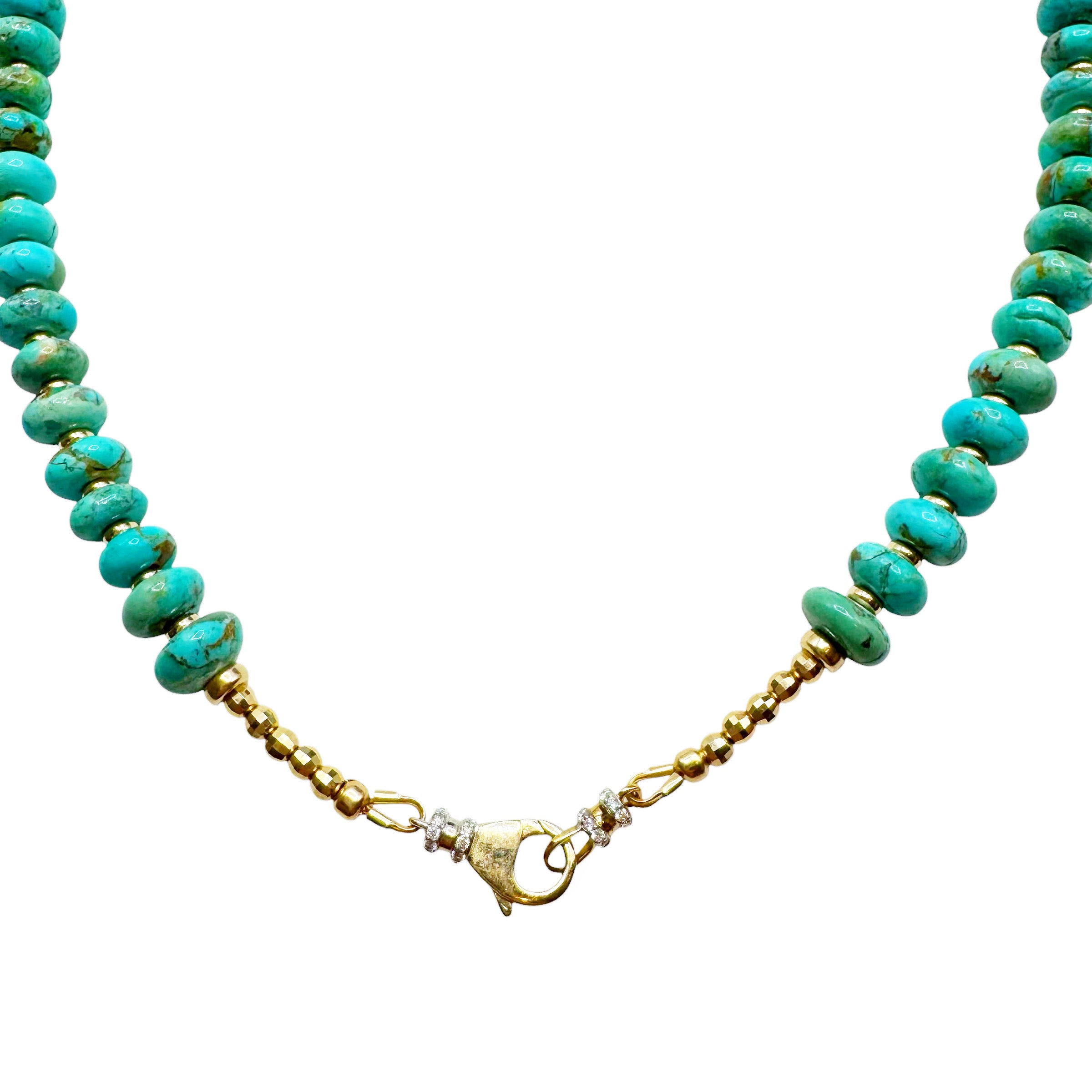 TURQUOISE NECKLACE WITH SOLID GOLD AND DIAMOND  FRONT CLASP