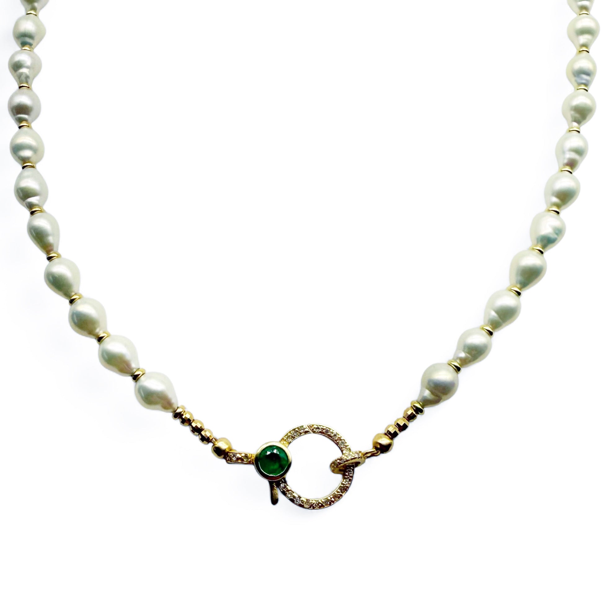 WHITE AKOYA PEARL NECKLACE WITH 14K DIAMOND AND EMERALD FRONT FACING CLASP