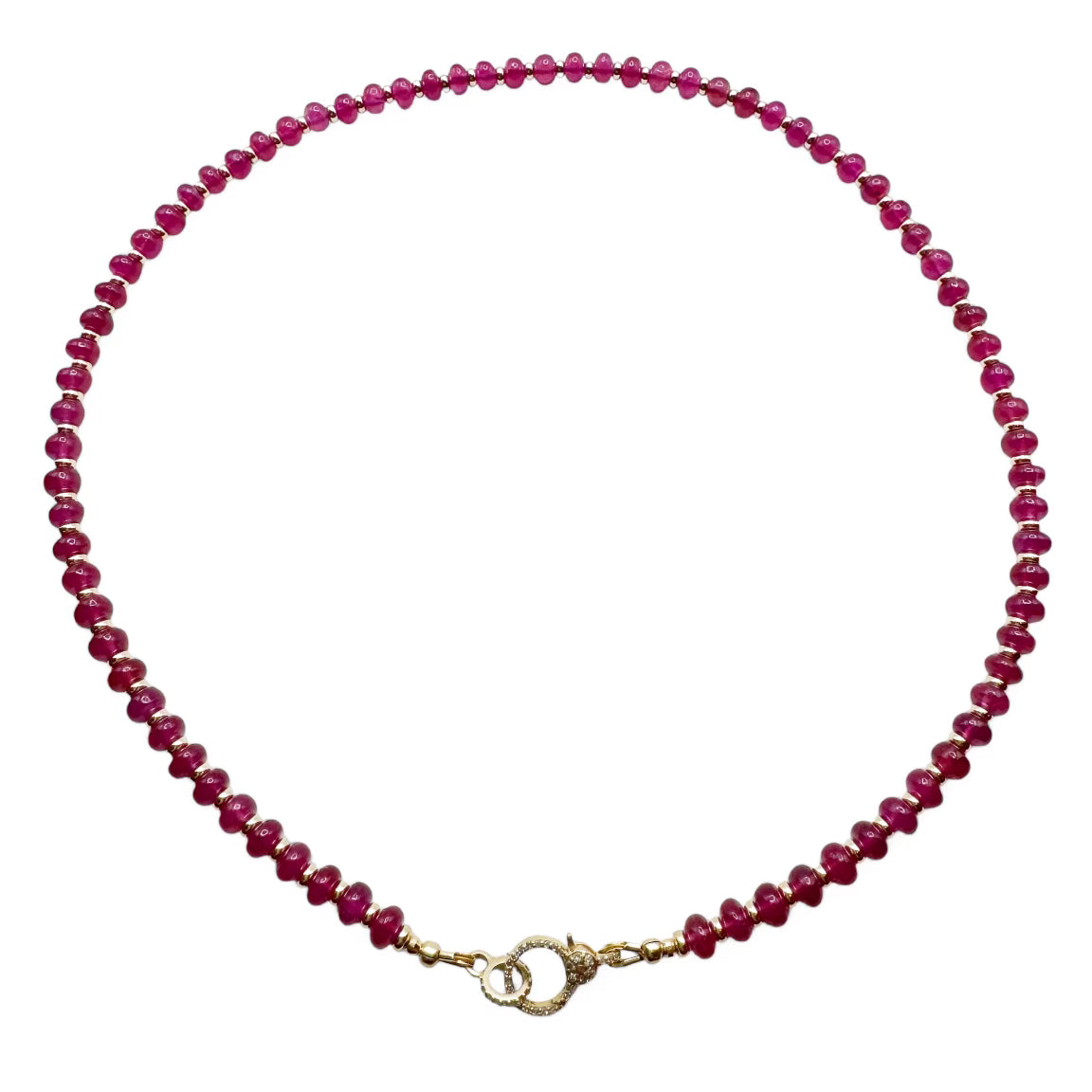 14K GOLD & RUBY NECKLACES. PLAIN STRAND WITH GOLD BEADS OR DIAMON CROSS STYLE