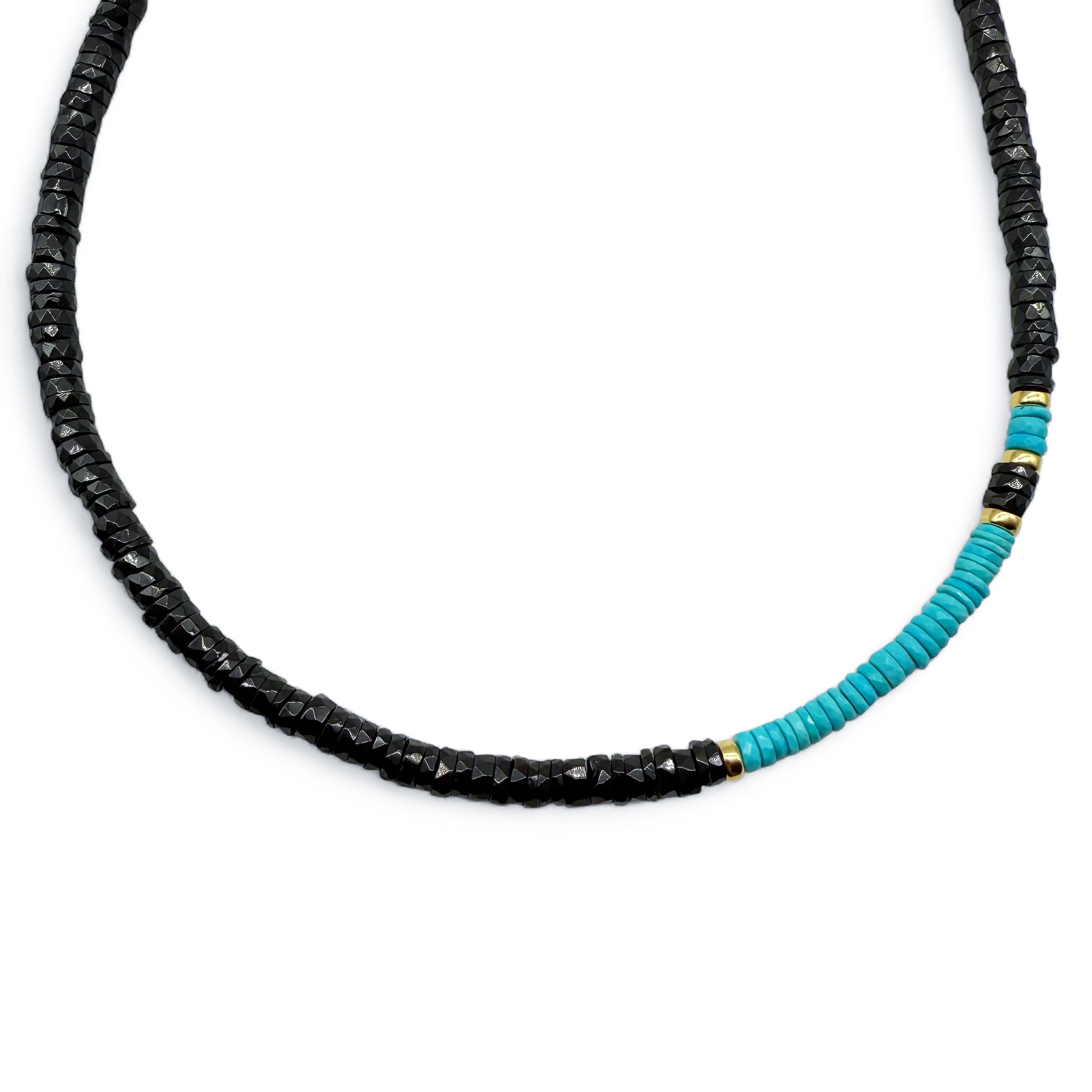 BLACK SPINEL, TURQUOISE & 14K GOLD BEADED NECKLACE