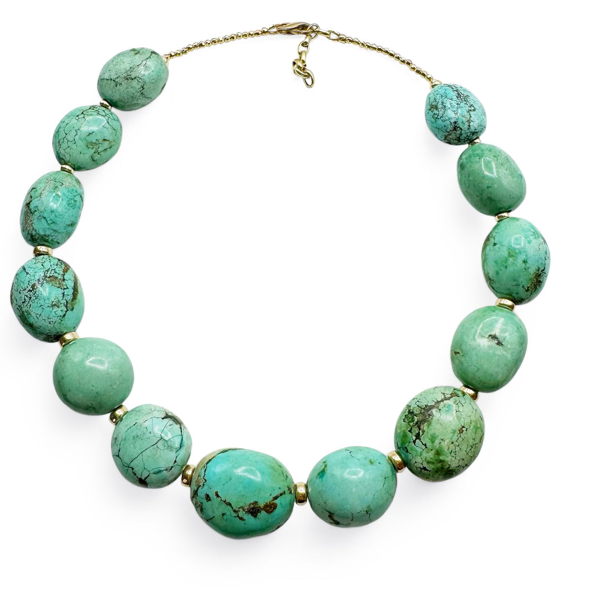 GREEN BLUE TURQUOISE PEBBLE STRAND WITH 14K GOLD