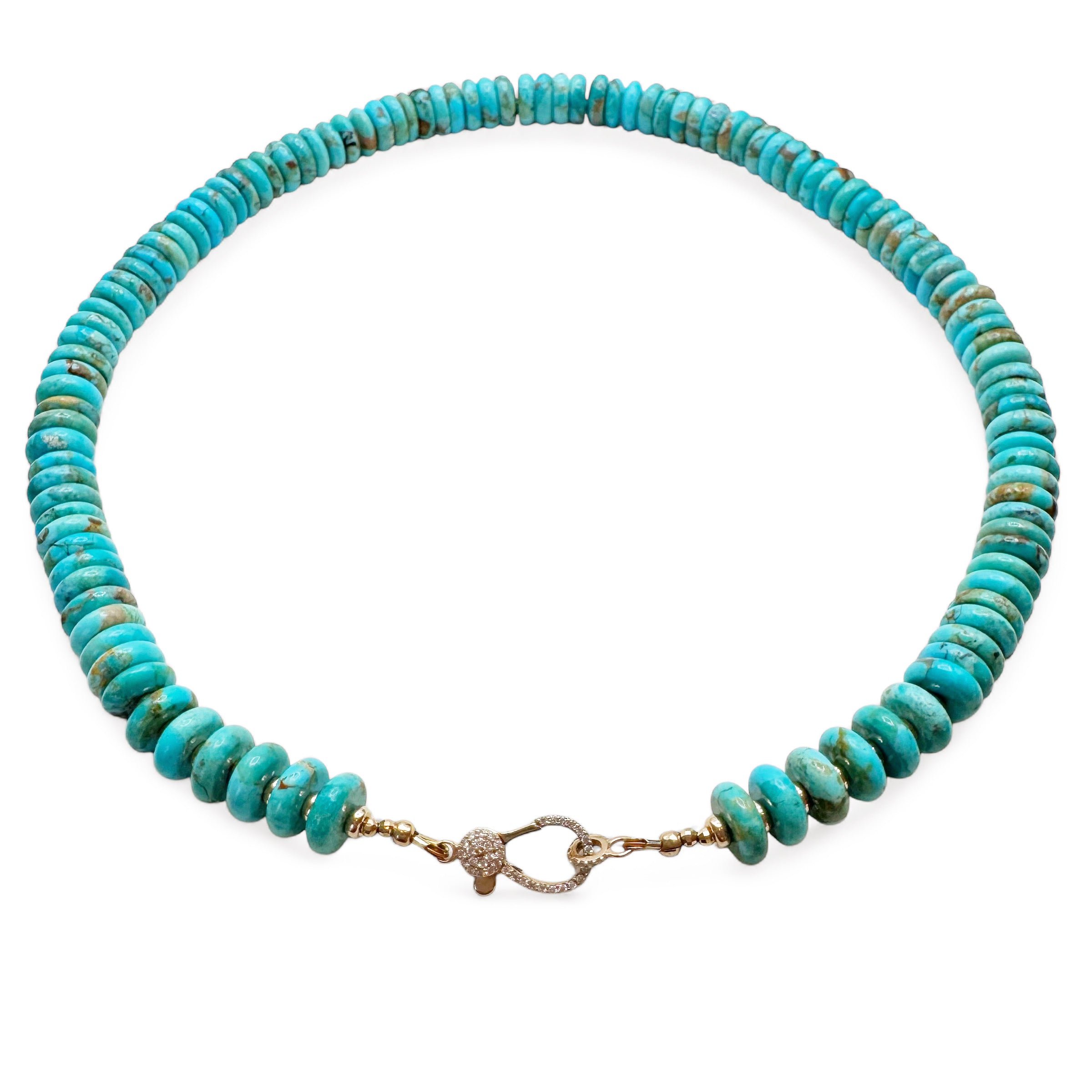 TURQUOISE NECKLACE WITH 14K GOLD AND DIAMOND FRONT CLASP