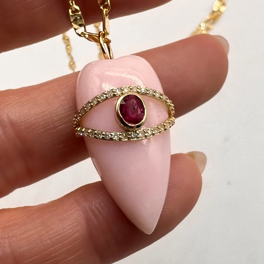 14k GOLD PINK OPAL & DIAMOND NECKLACE WITH PINK SAPPHIRE