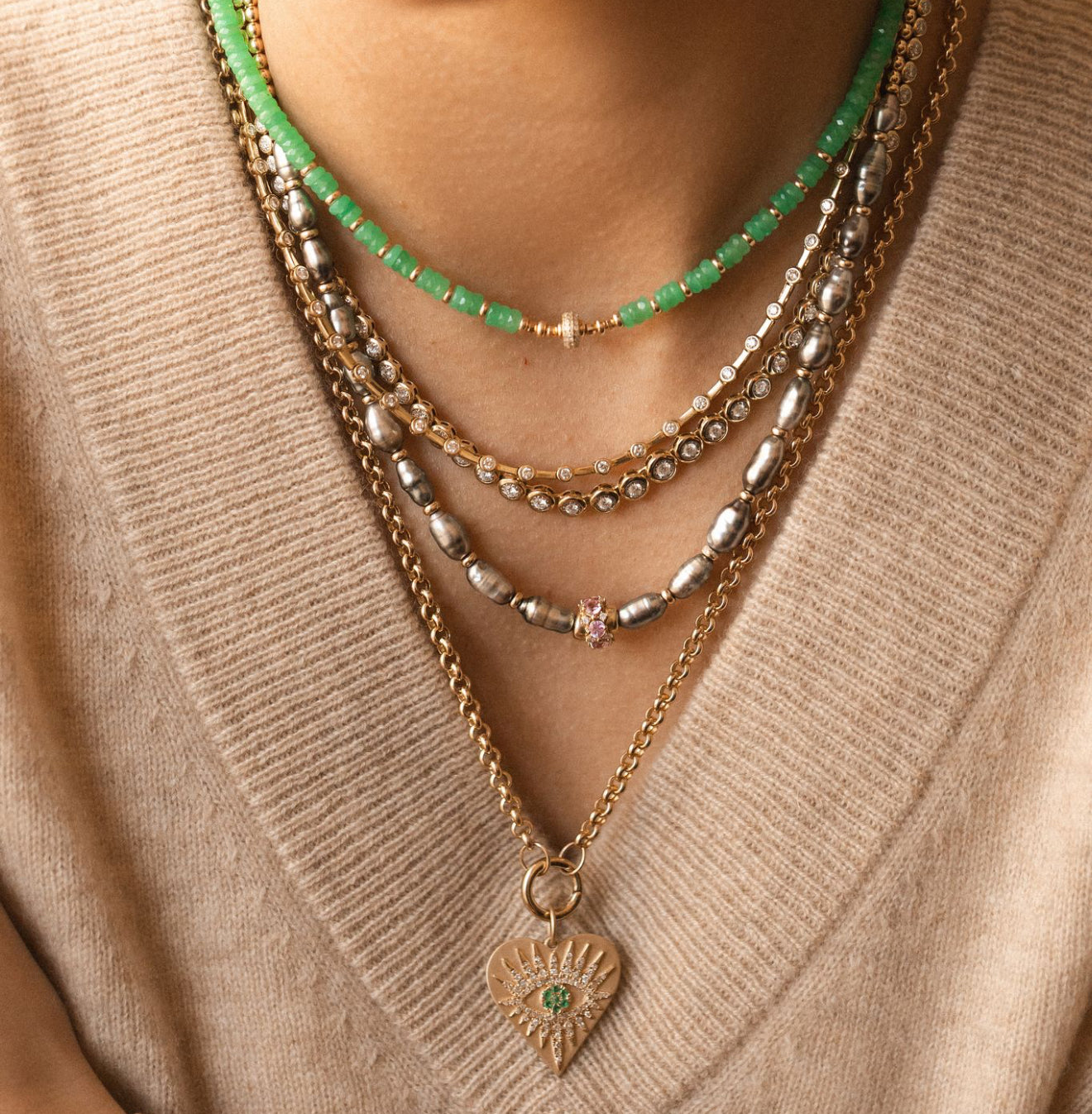 14K GOLD EMERALD DIAMOND EVIL EYE AMULET