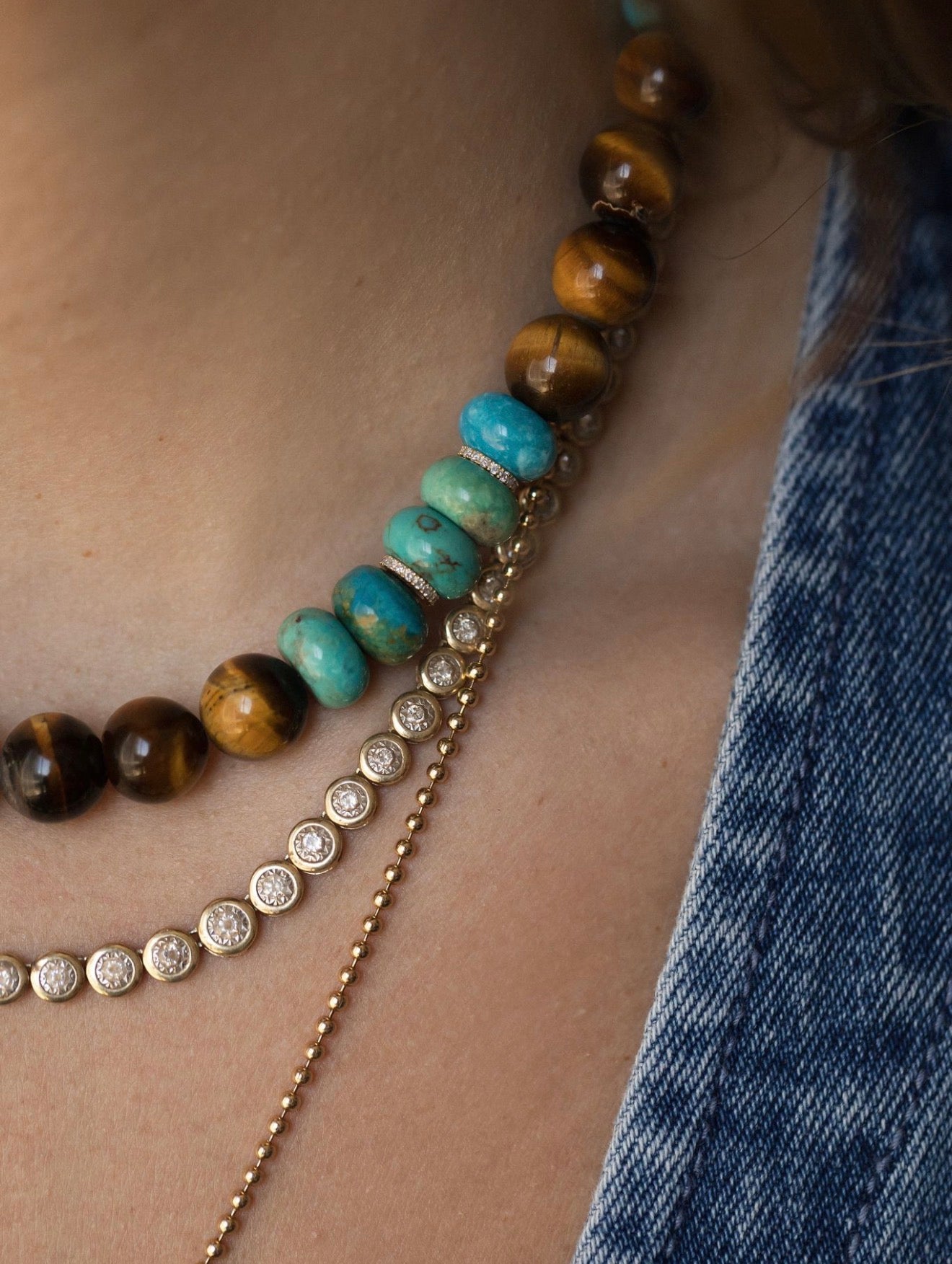 TIGERS EYE, TURQUOISE & DIAMOND BEADED NECKLACE