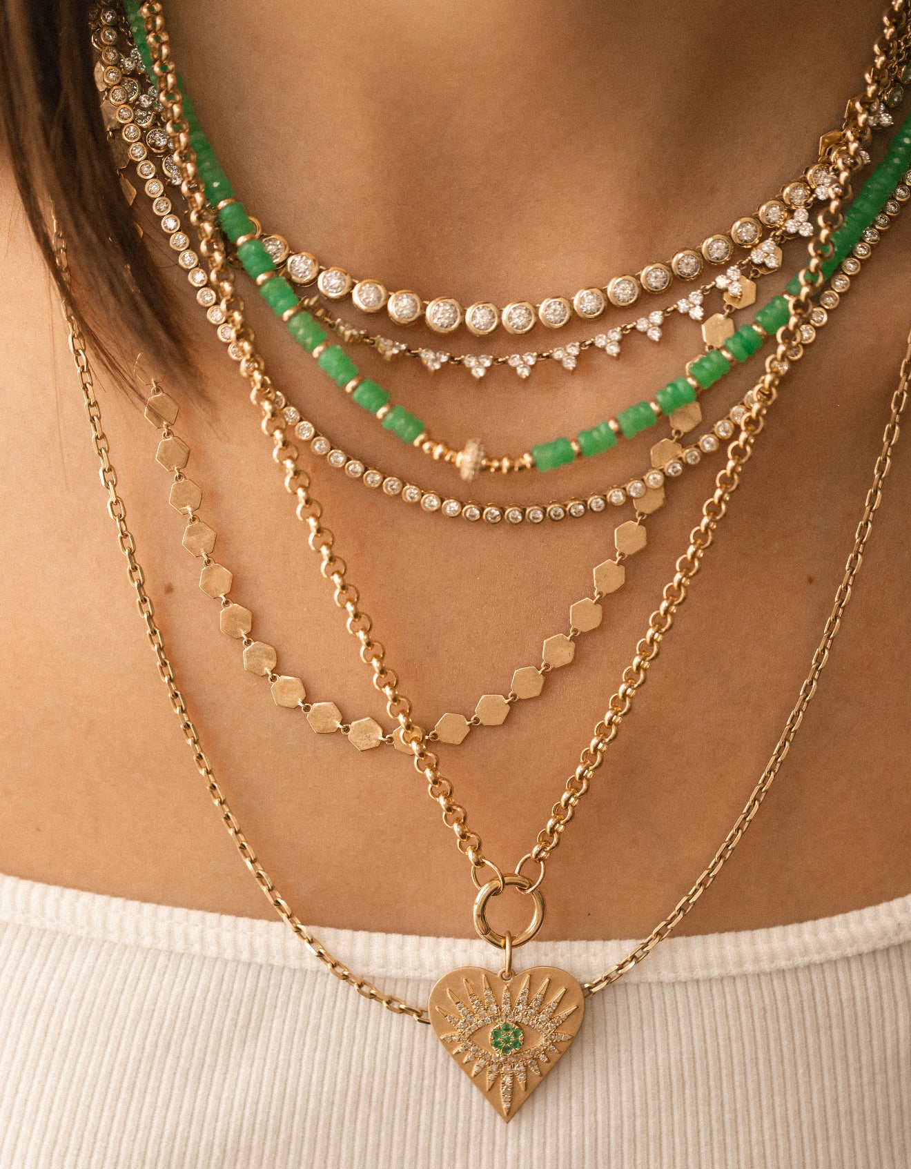 14K GOLD EMERALD DIAMOND EVIL EYE AMULET