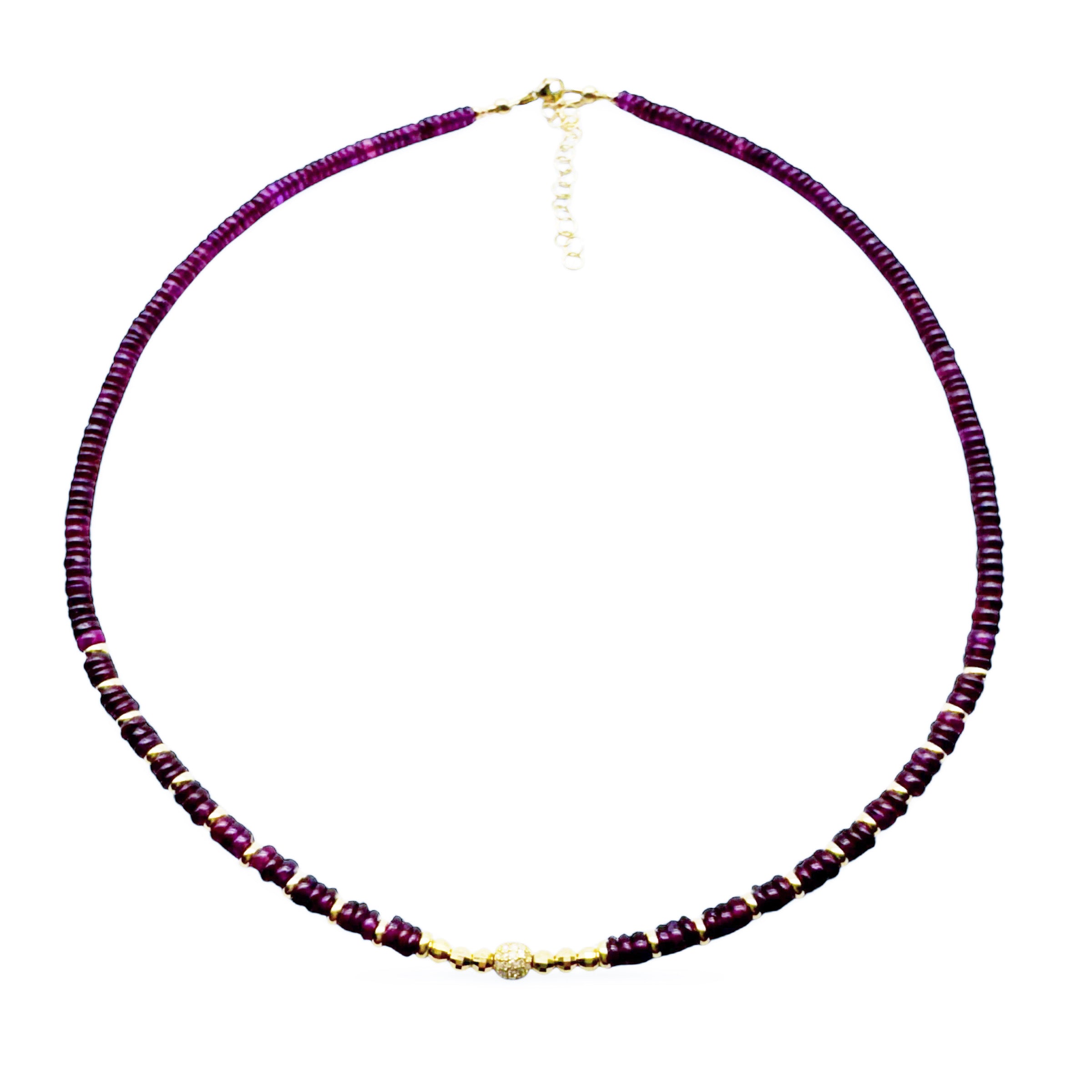 GARNET & 14K SOLID GOLD NECKLACE WITH DIAMOND OR RUBY FOCAL BEAD