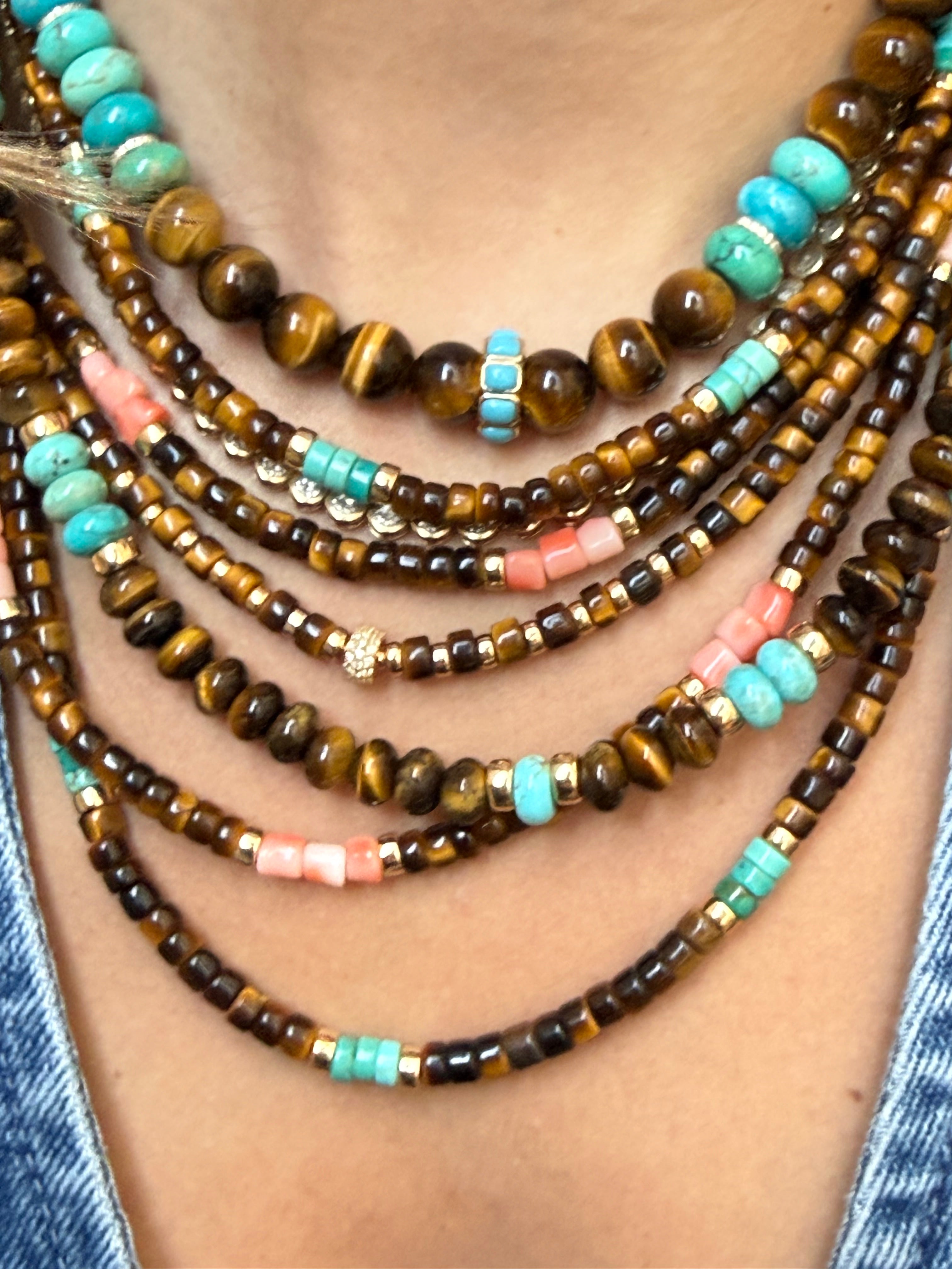 TURQUOISE, TIGERS EYE & DIAMOND BEADED NECKLACE