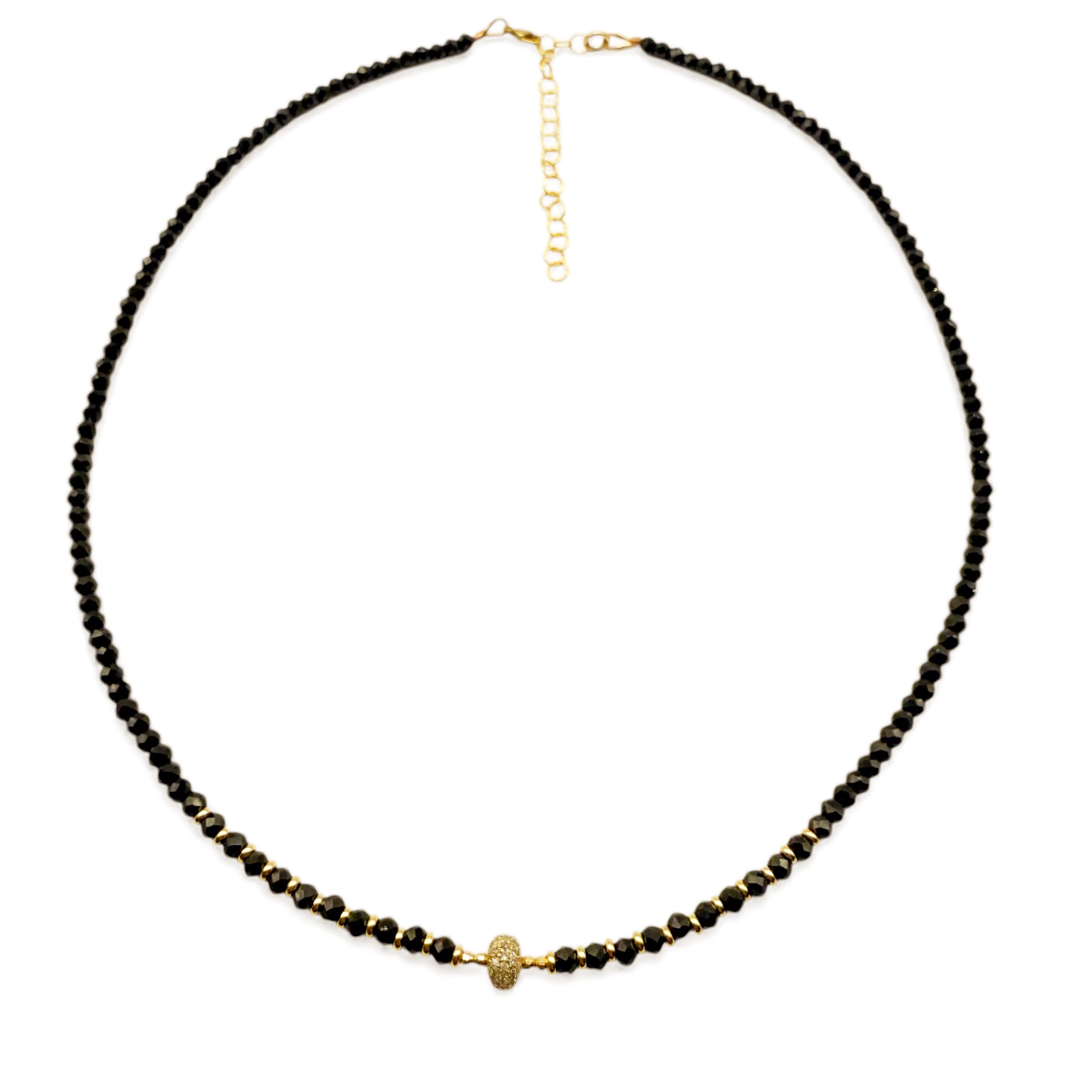 BLACK SPINEL AND 14K GOLD NECKLACE WITH DIAMOND RONDELLE