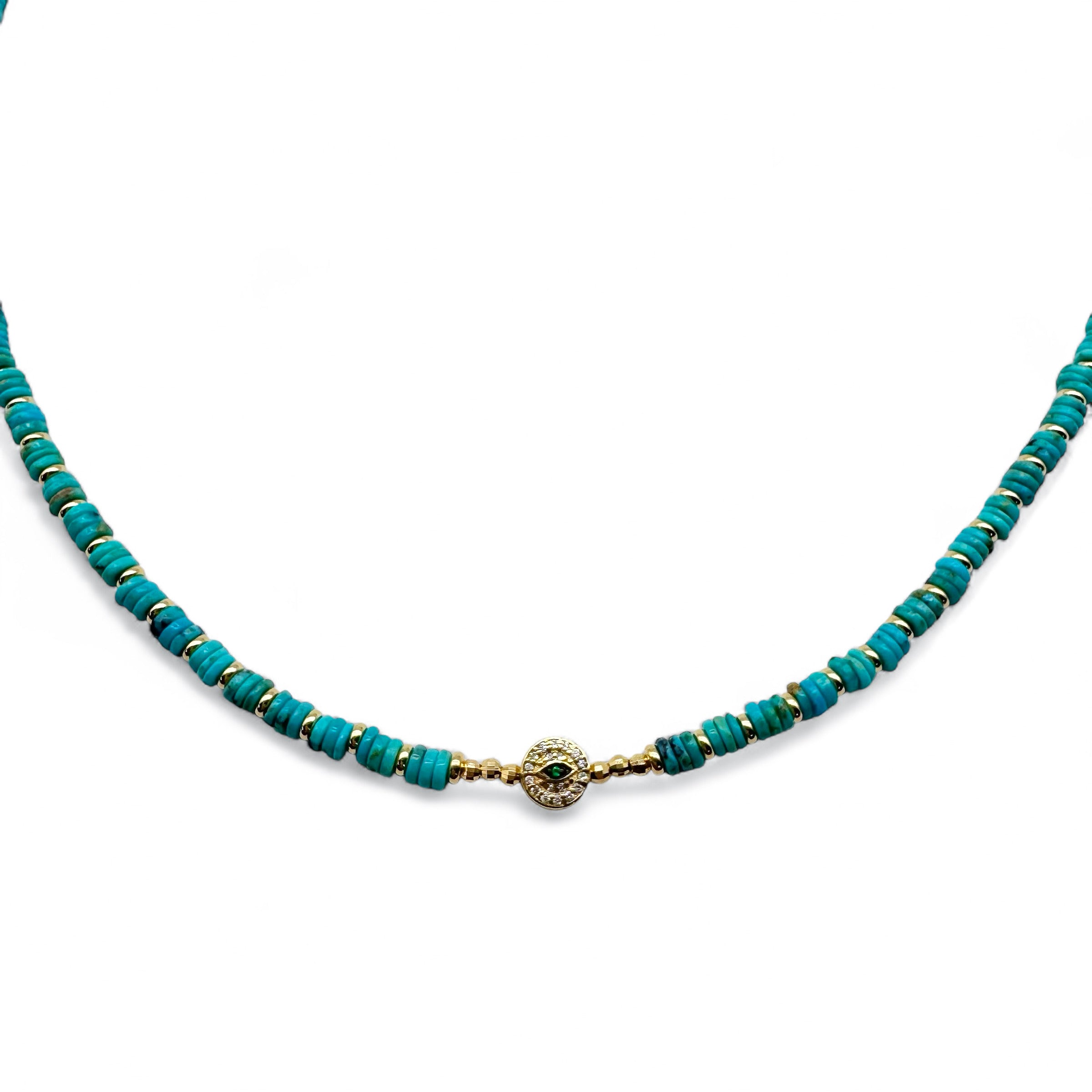 TURQUIOSE & 14K GOLD & DIAMOND EVIL EYE BEAD PROTECTION NECKLACE